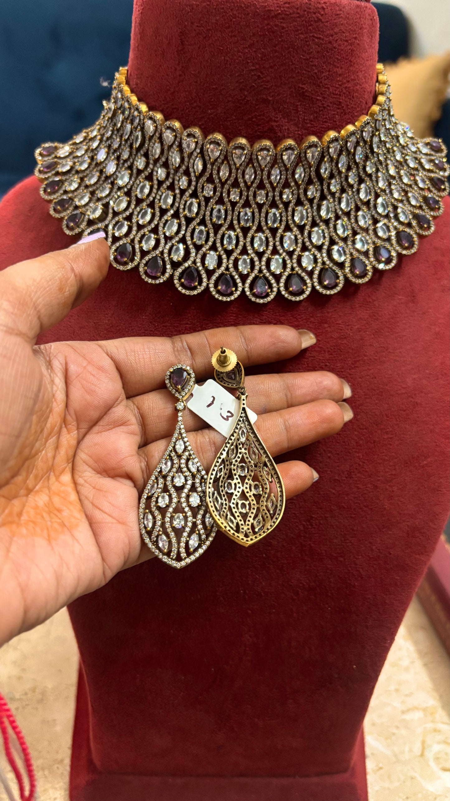 Risha Wine doublet and moissanite designer choker set