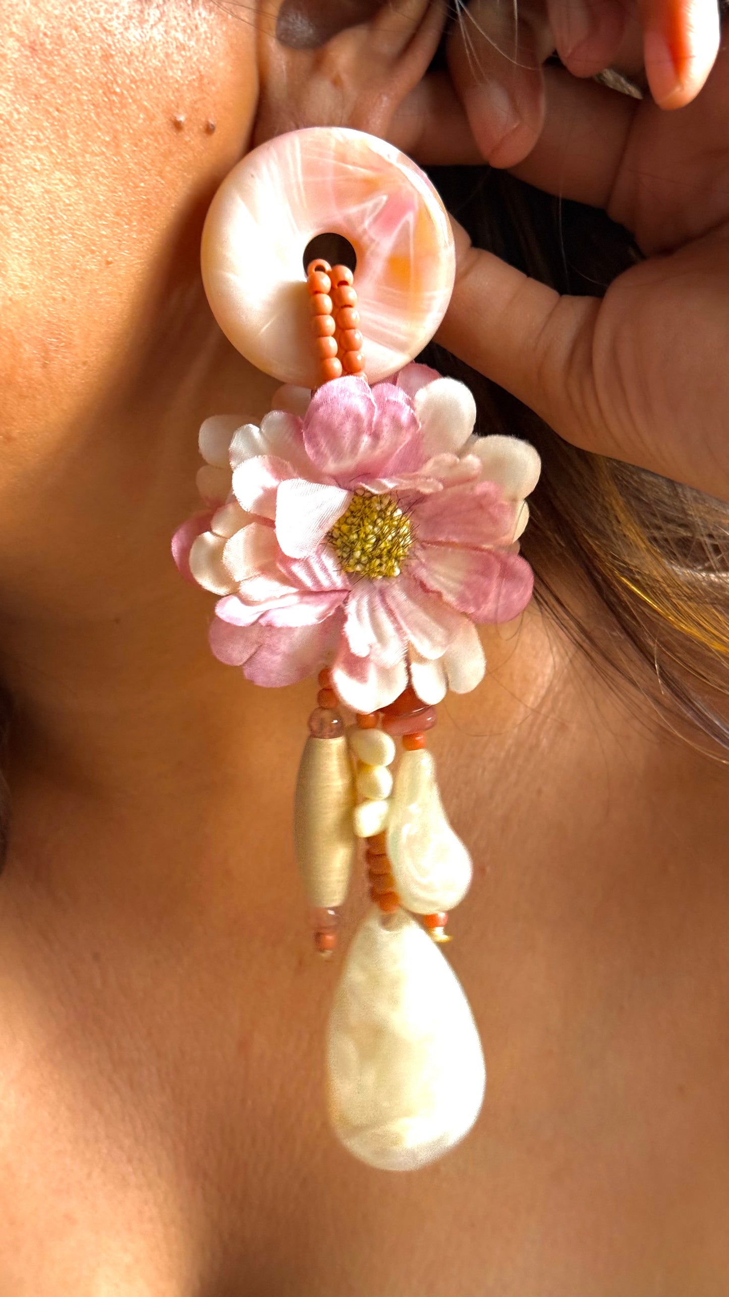 Light Pink floral Carnival Danglers with hint of beige