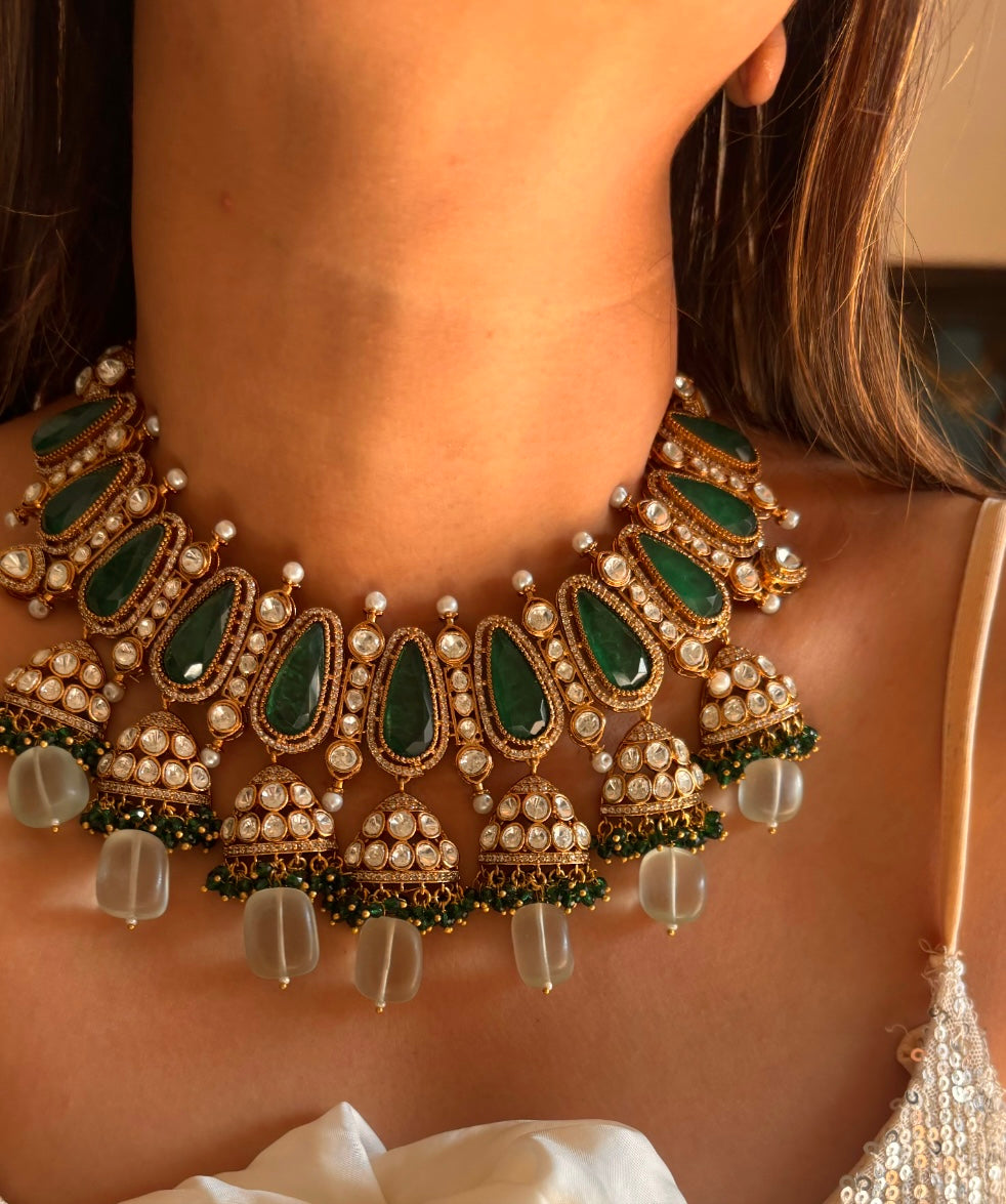 Emerald jhumka moissanite necklace