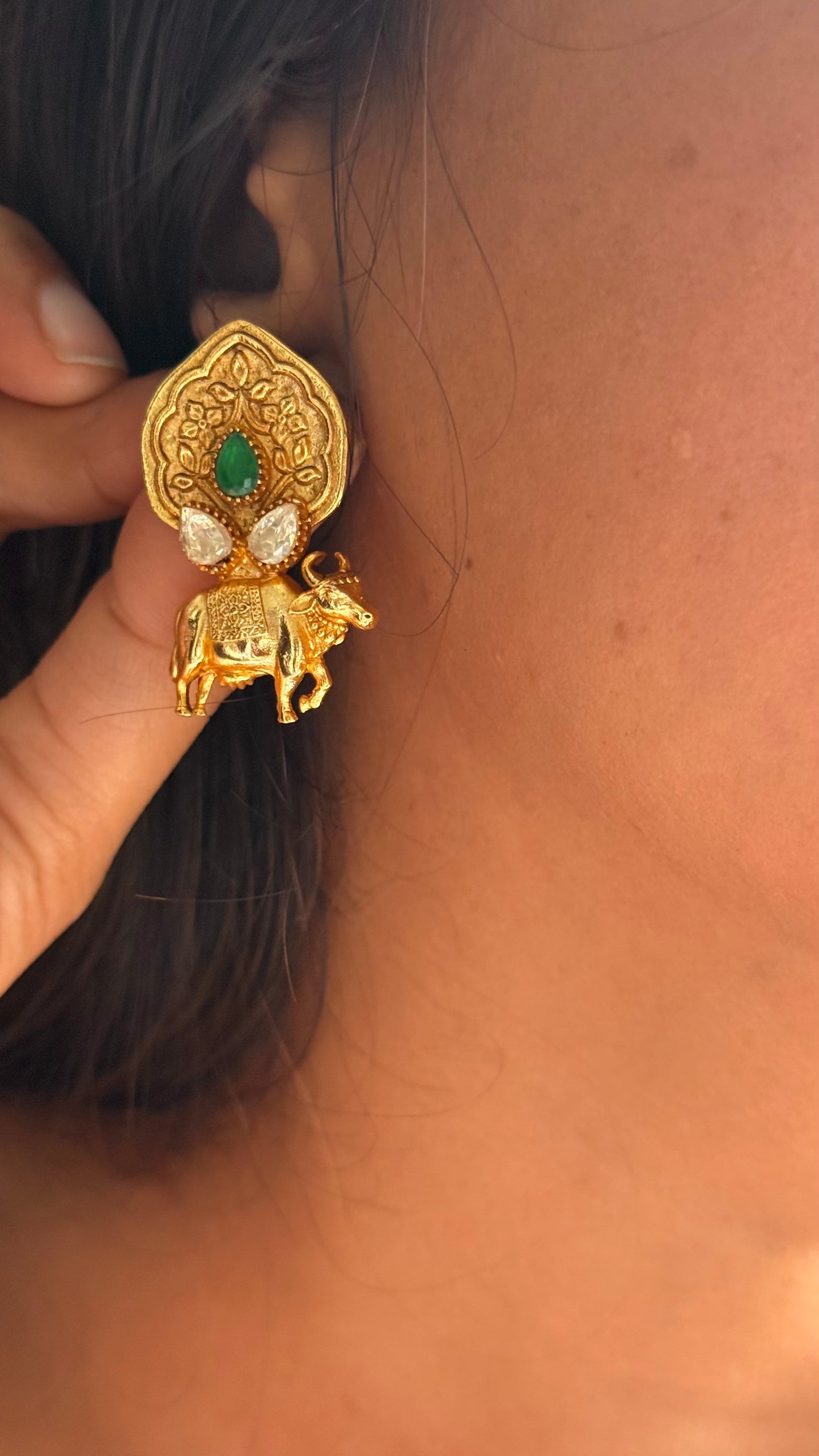 Nandi moissanite & emerald temple studs