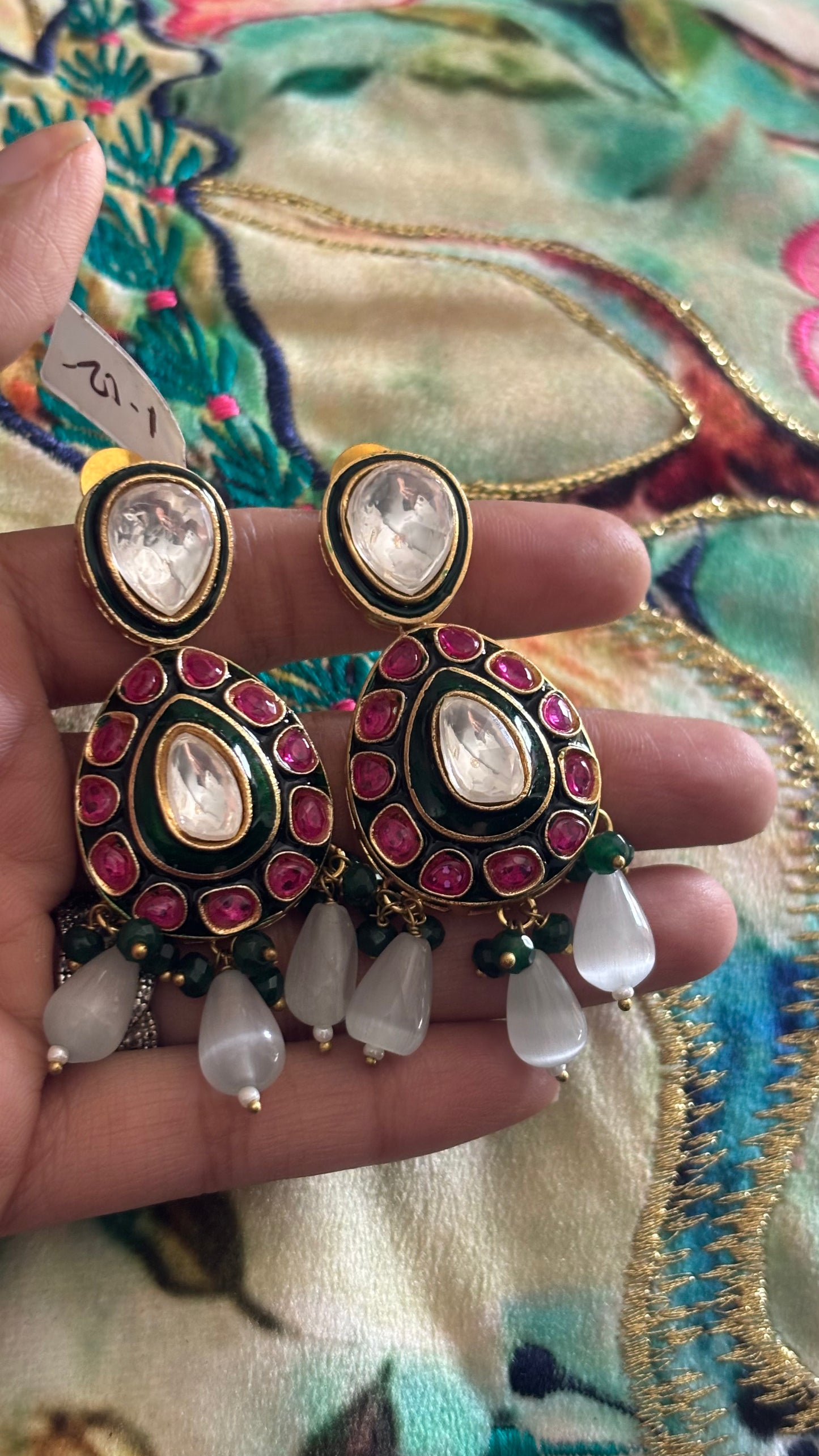 Emerald & ruby meenakari earrings with grey drops