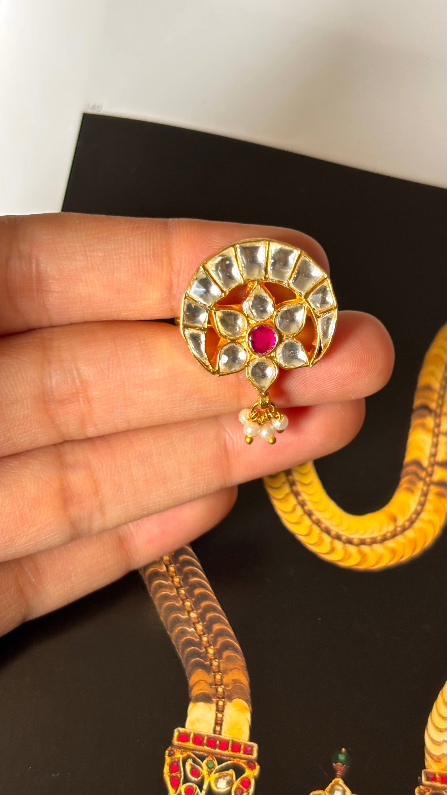 Floral half moon inspired Paachi Kundan adjustable Ring