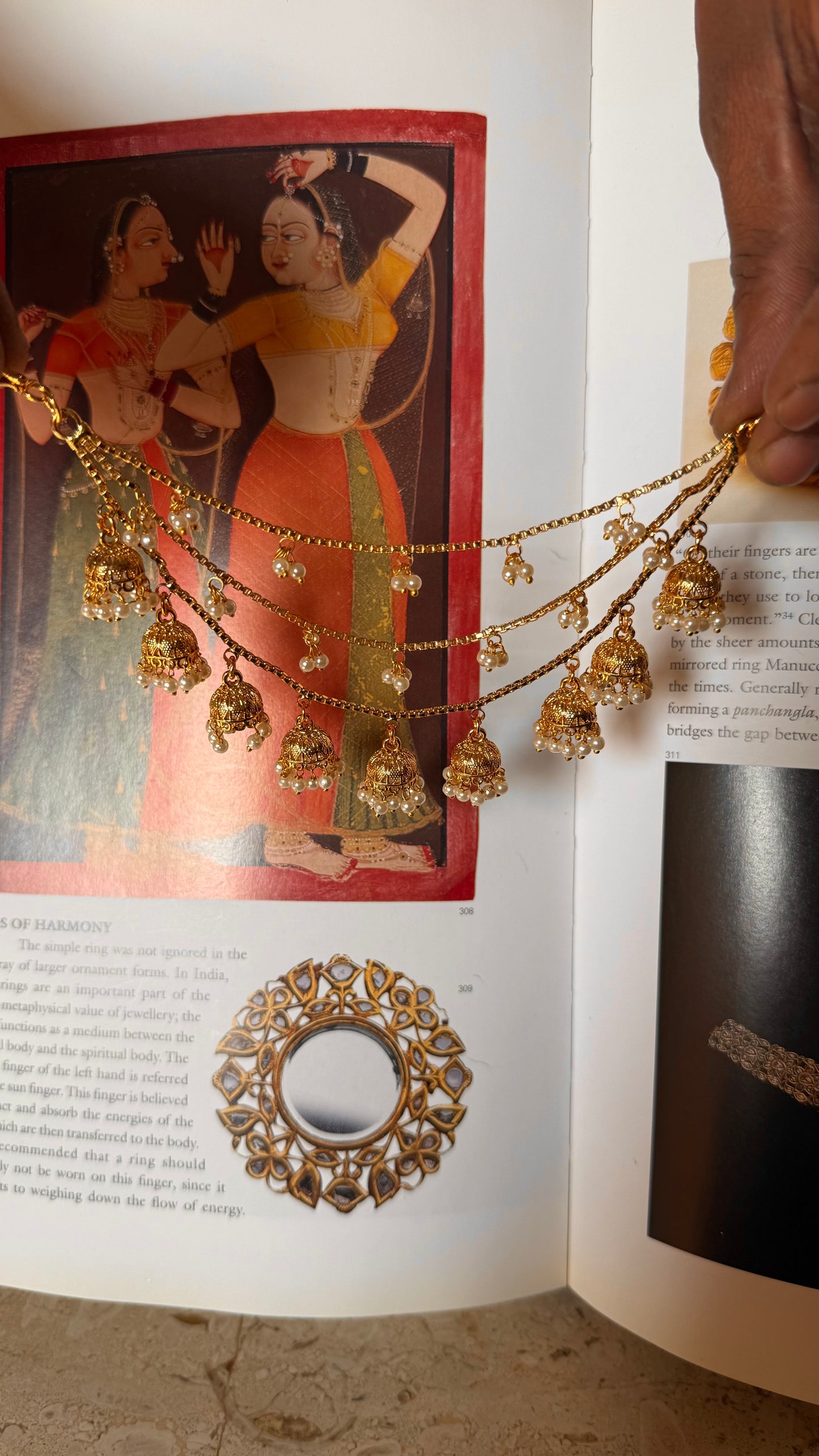 triple layer ear chain with pearl and jhumki detailing