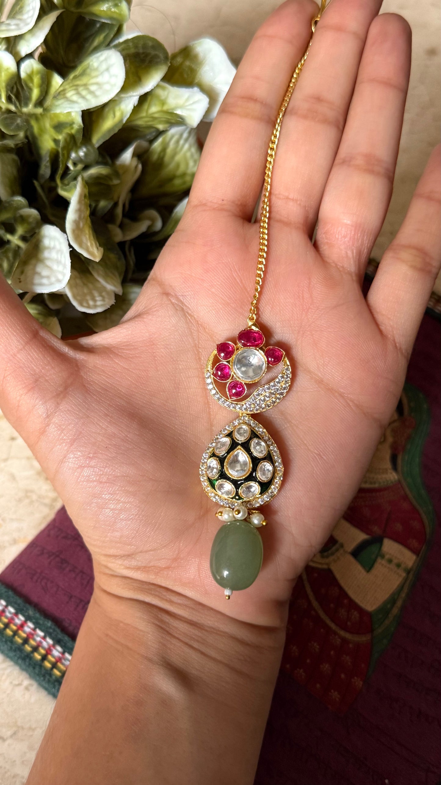 Emerald meenakari & floral mint drop maangtika