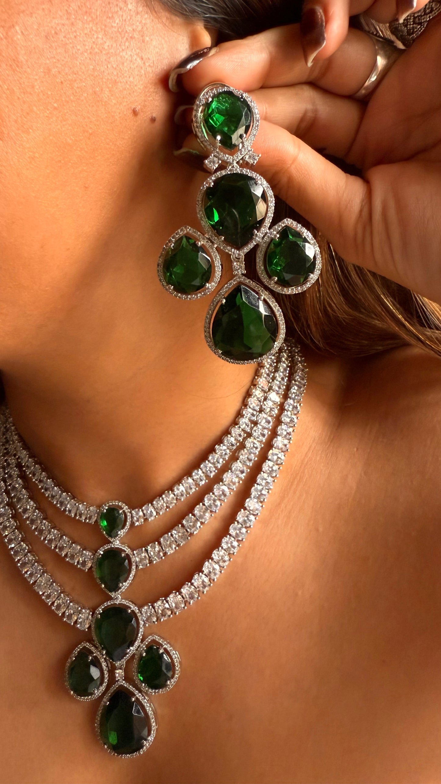 Emerald triple layer cz diamond necklace