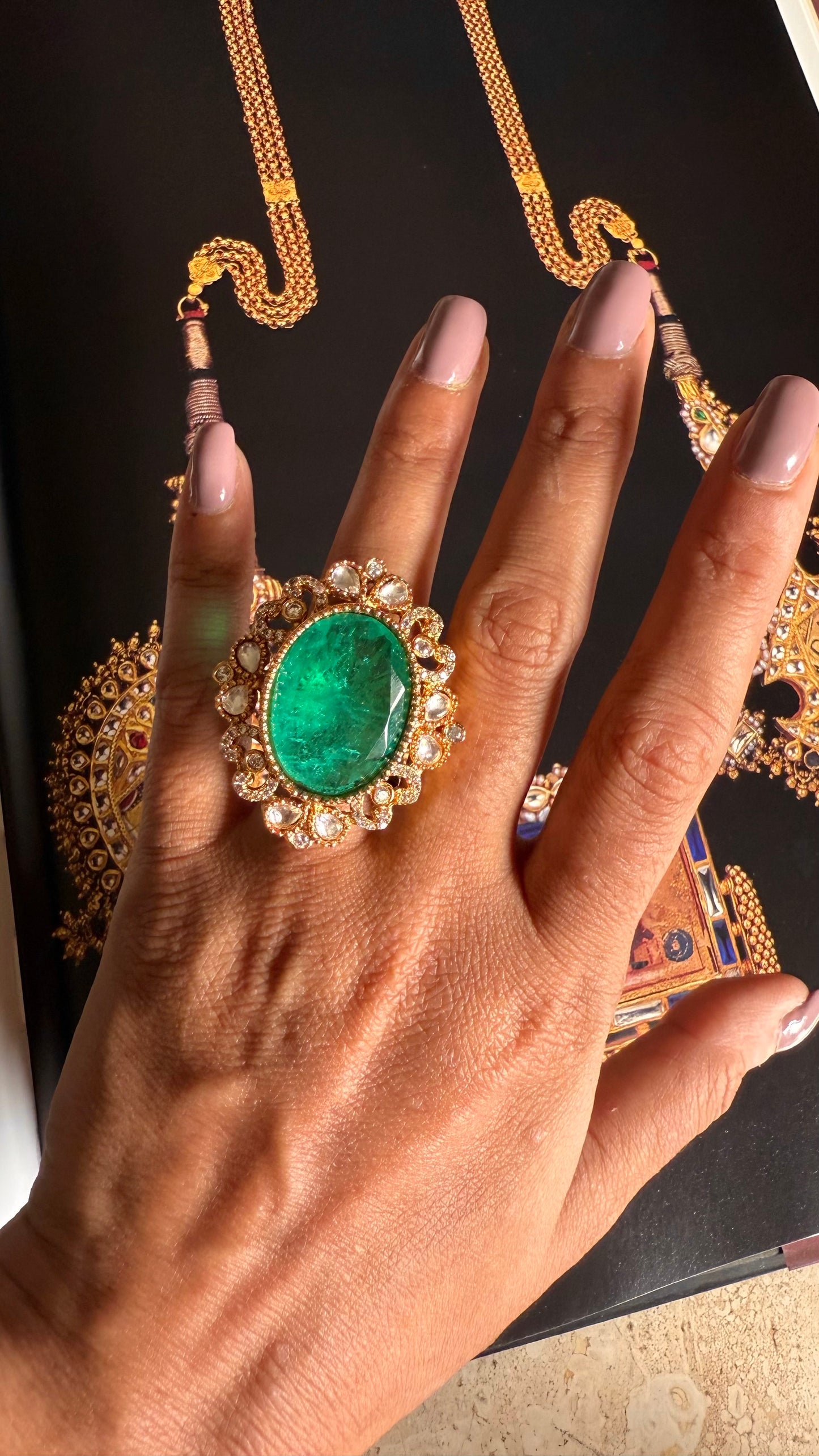 Emerald moissanite golden adjustable ring