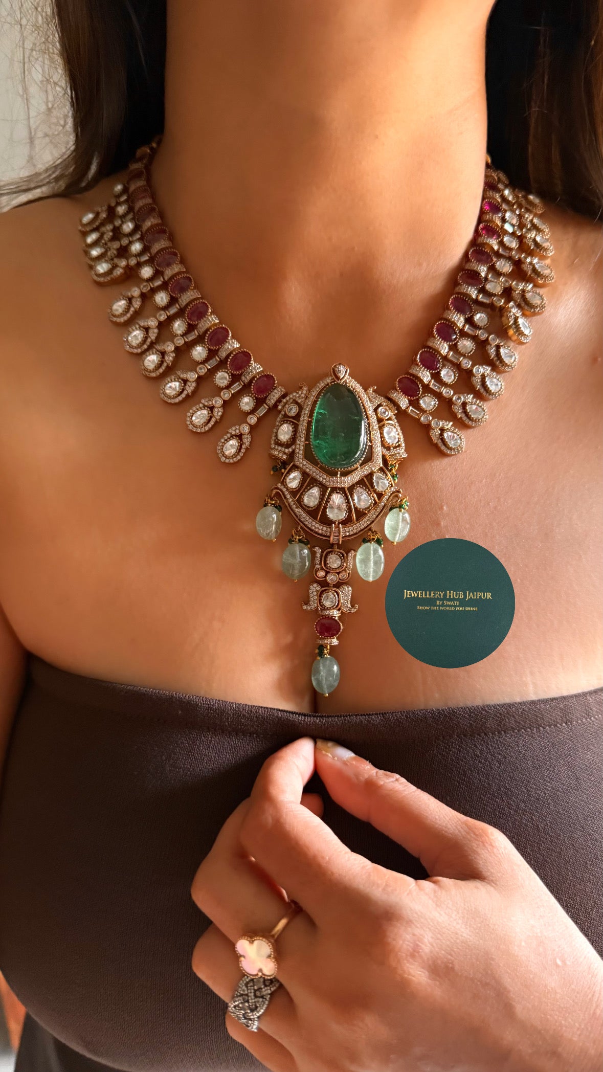 Emerald doublet & rani pink moissanite uncut polki with mint drop collar set