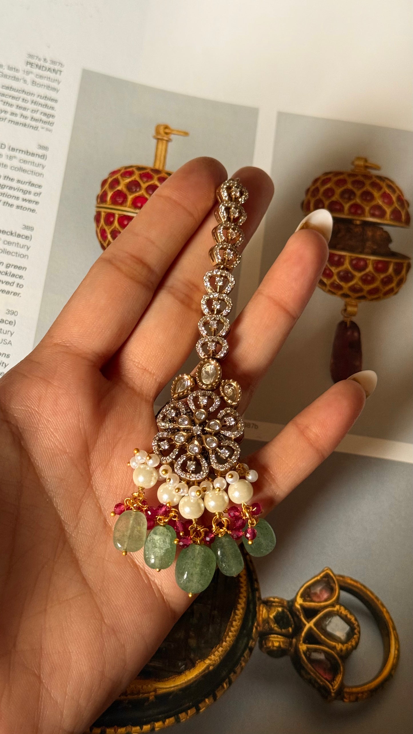 Floral moissanite with pearl & mint drop maangtika