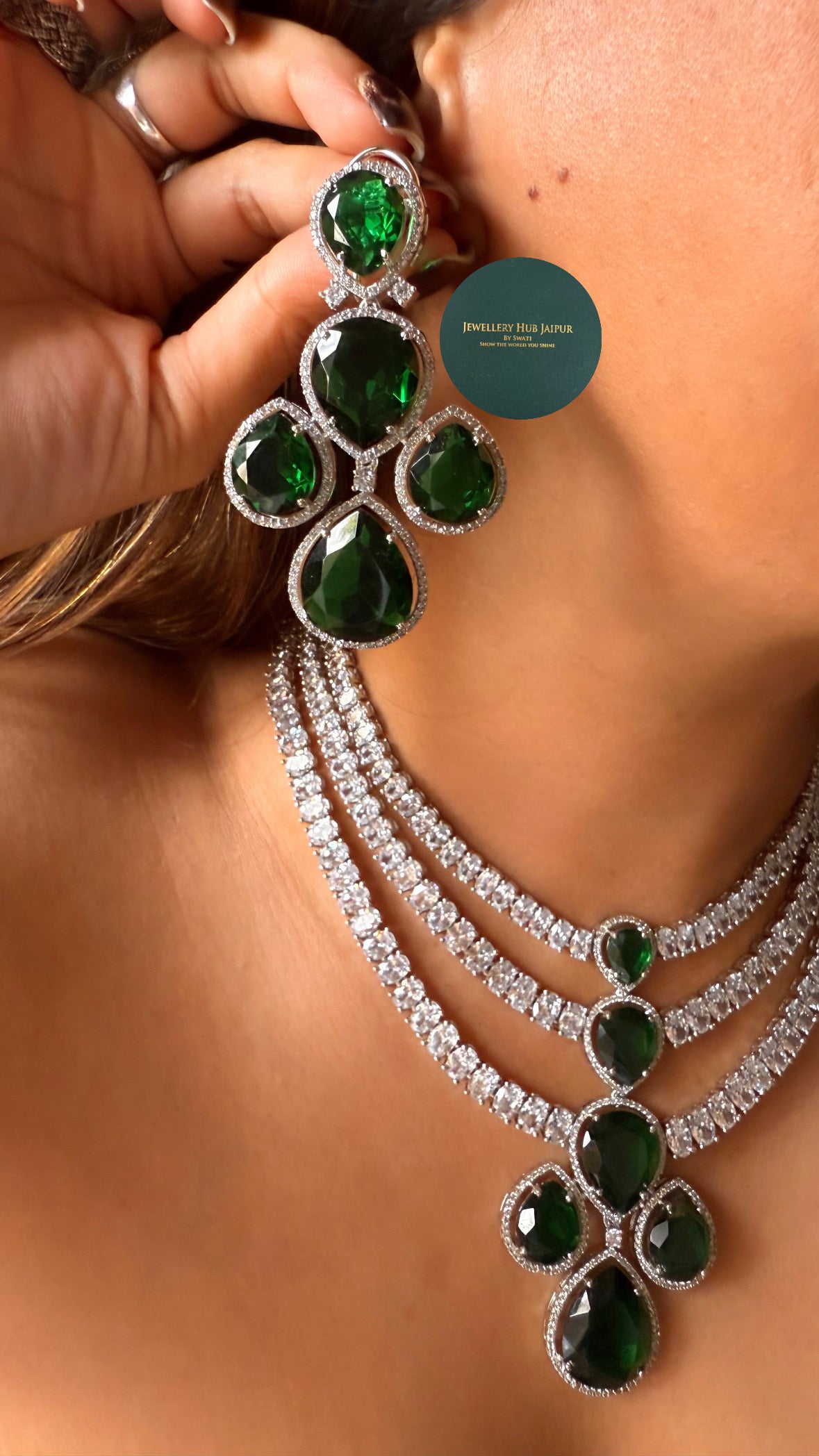 Emerald triple layer cz diamond necklace