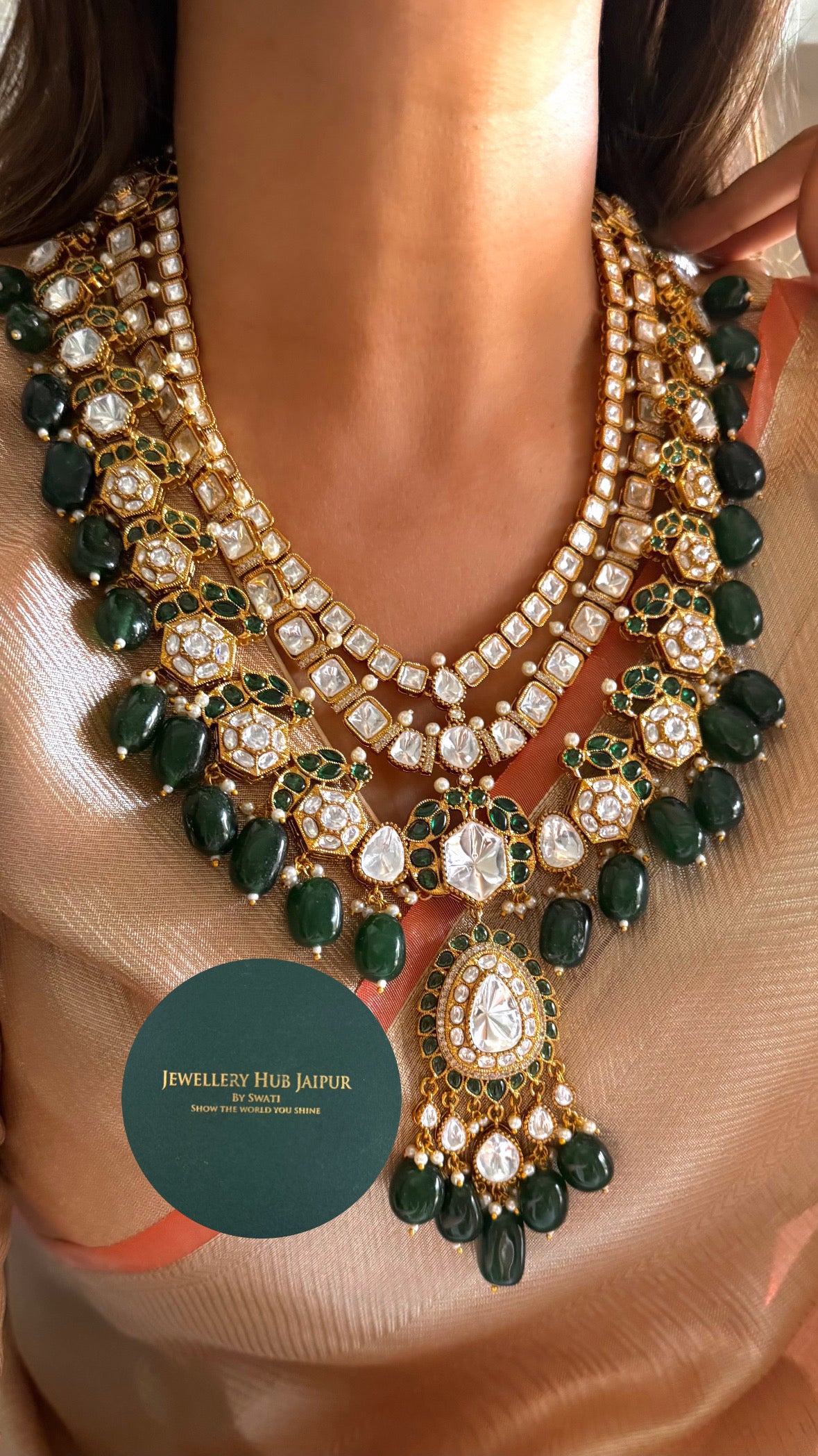 Rituraj Emerald moissanite polki triple layer designer necklace