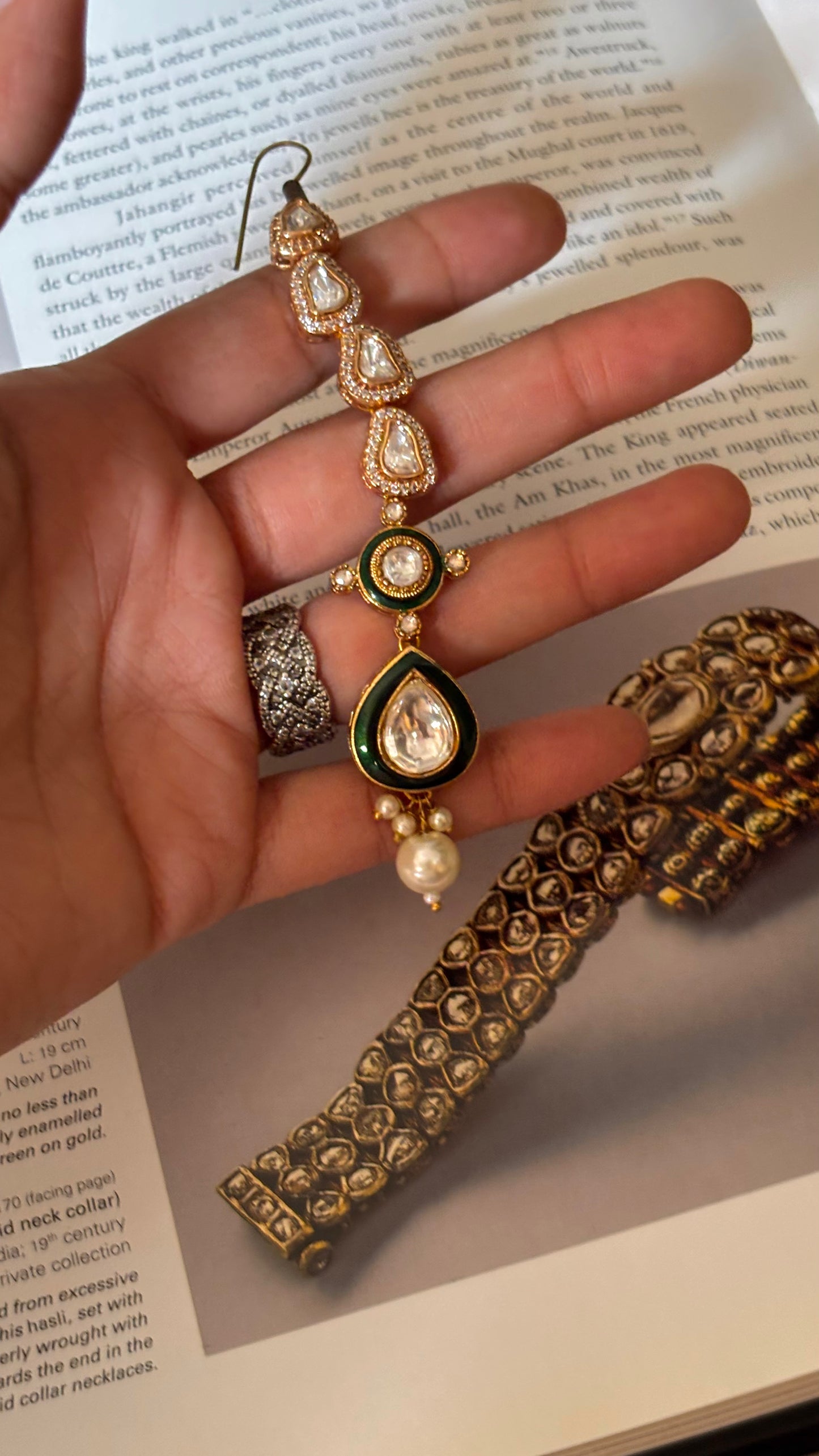 Emerald meenakari pearl drop maangtika