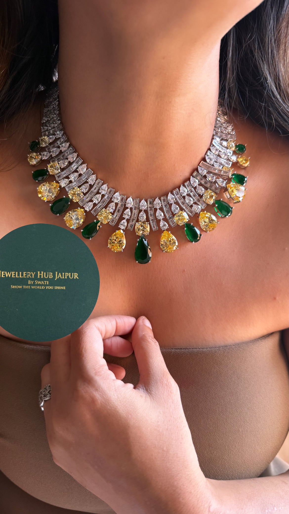 Citrine & emerald drop shaped cz diamond cocktail collar set