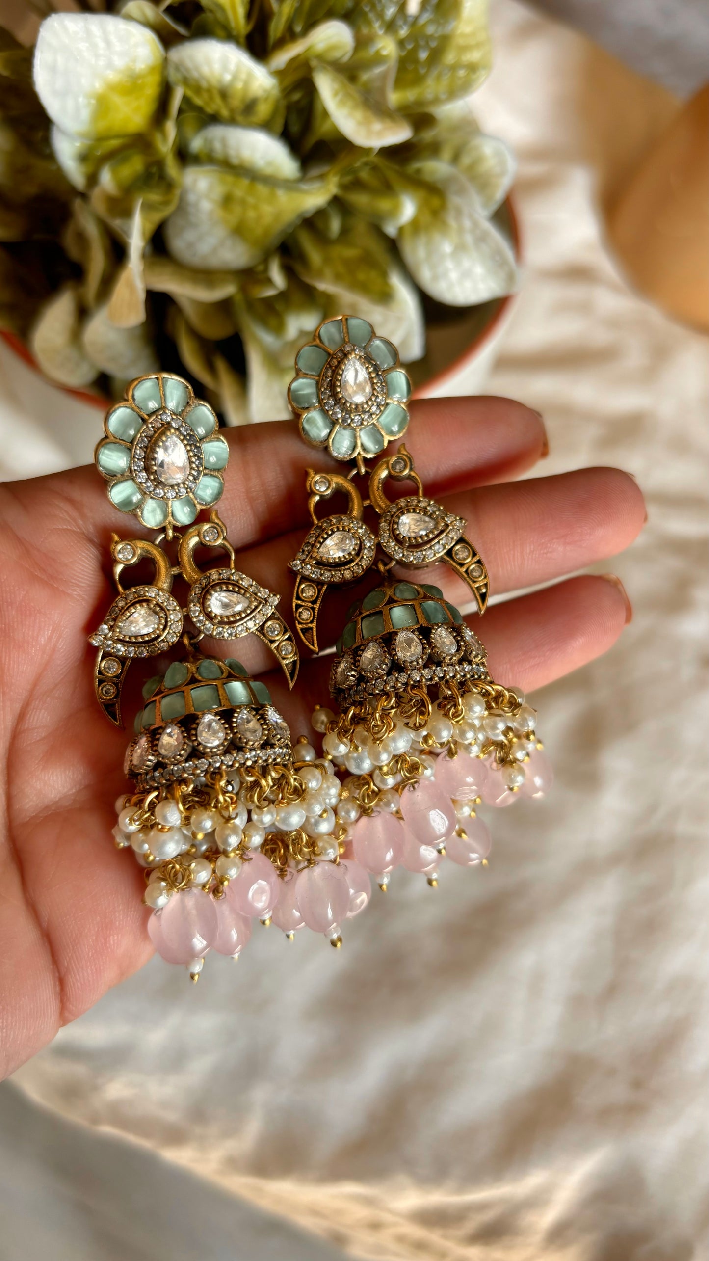 Daaniya Mint & Rose quartz jhumkis