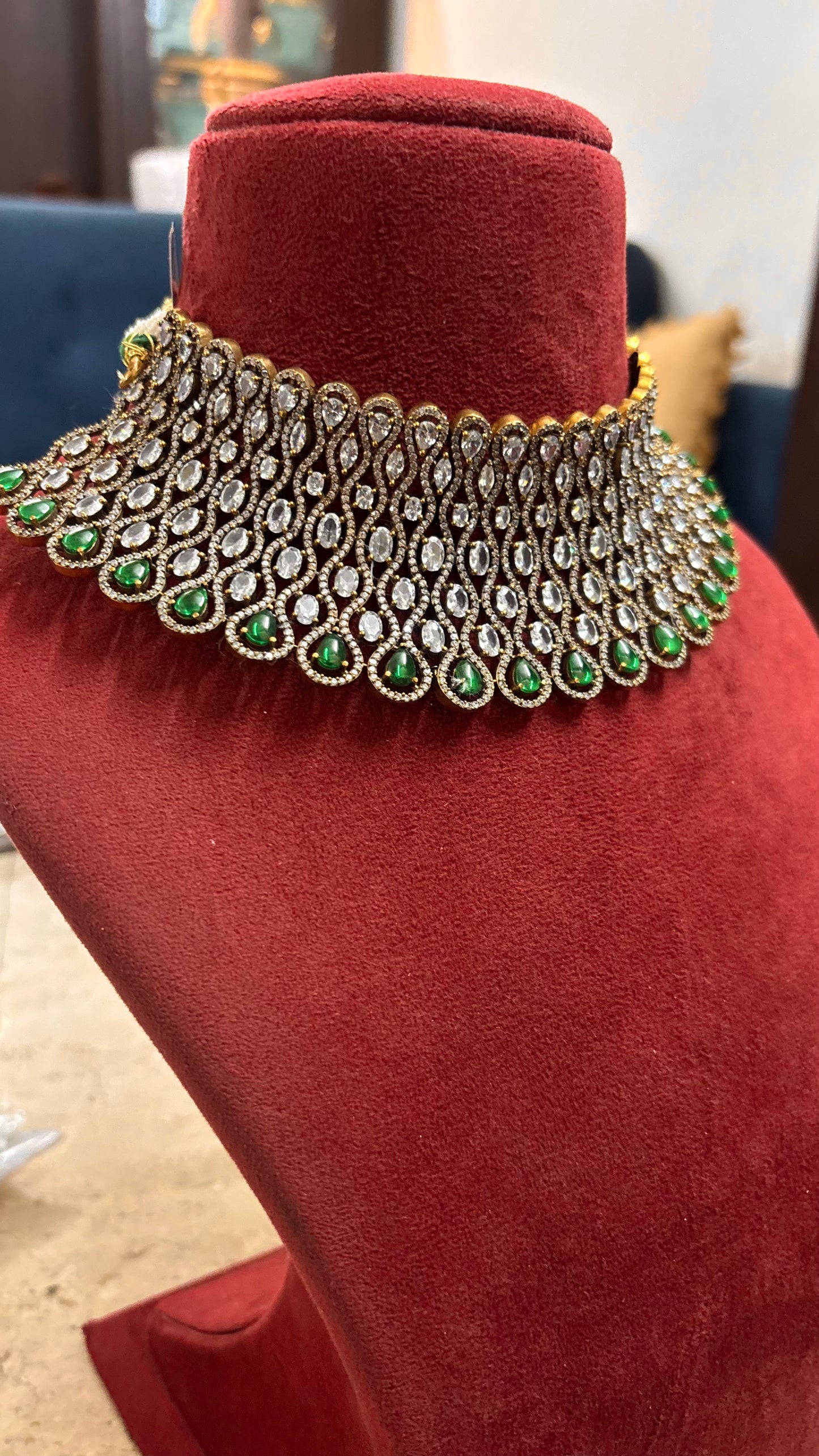 Risha emerald doublet and moissanite designer choker set