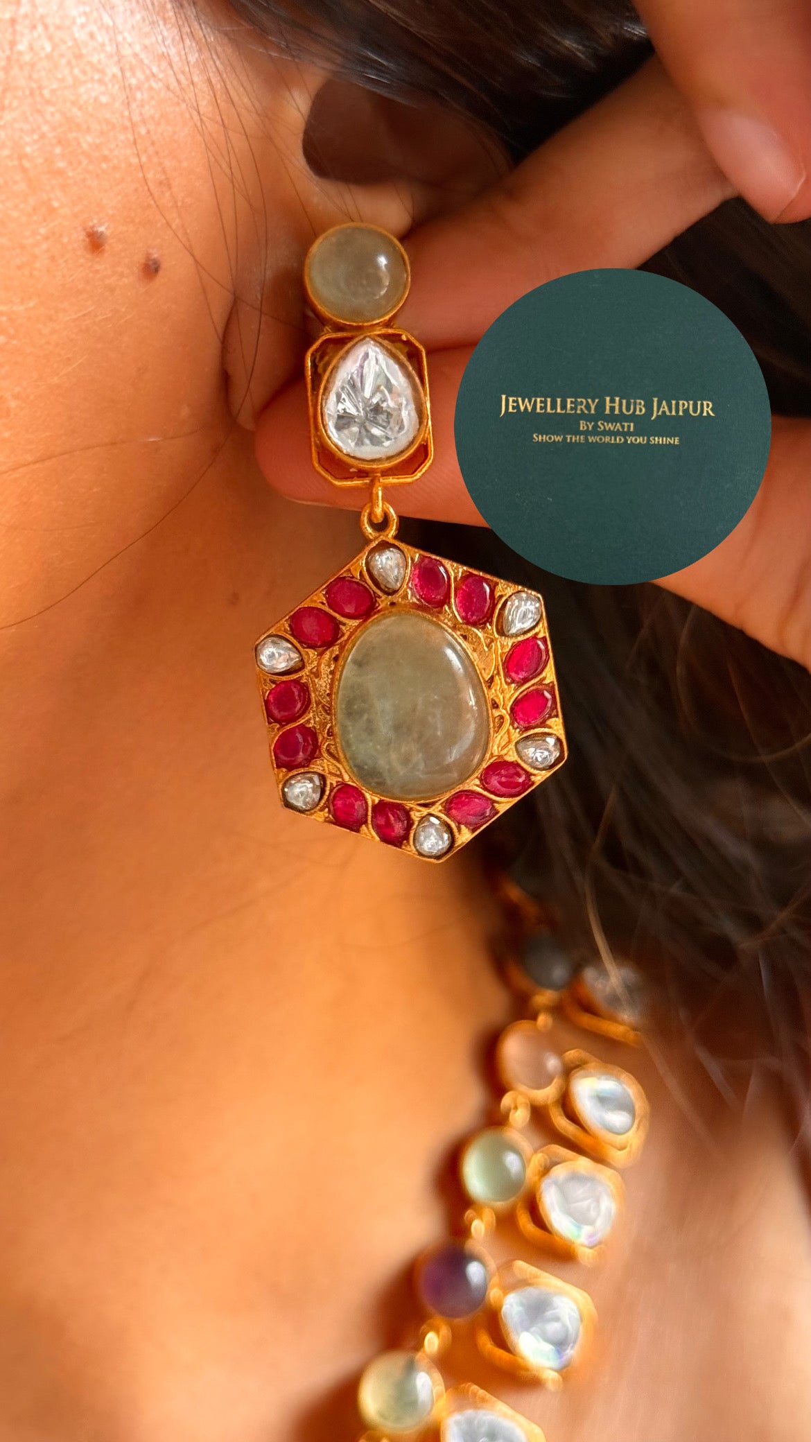 Amrapali inspired Natural stone Mint doublet with navratna collar set