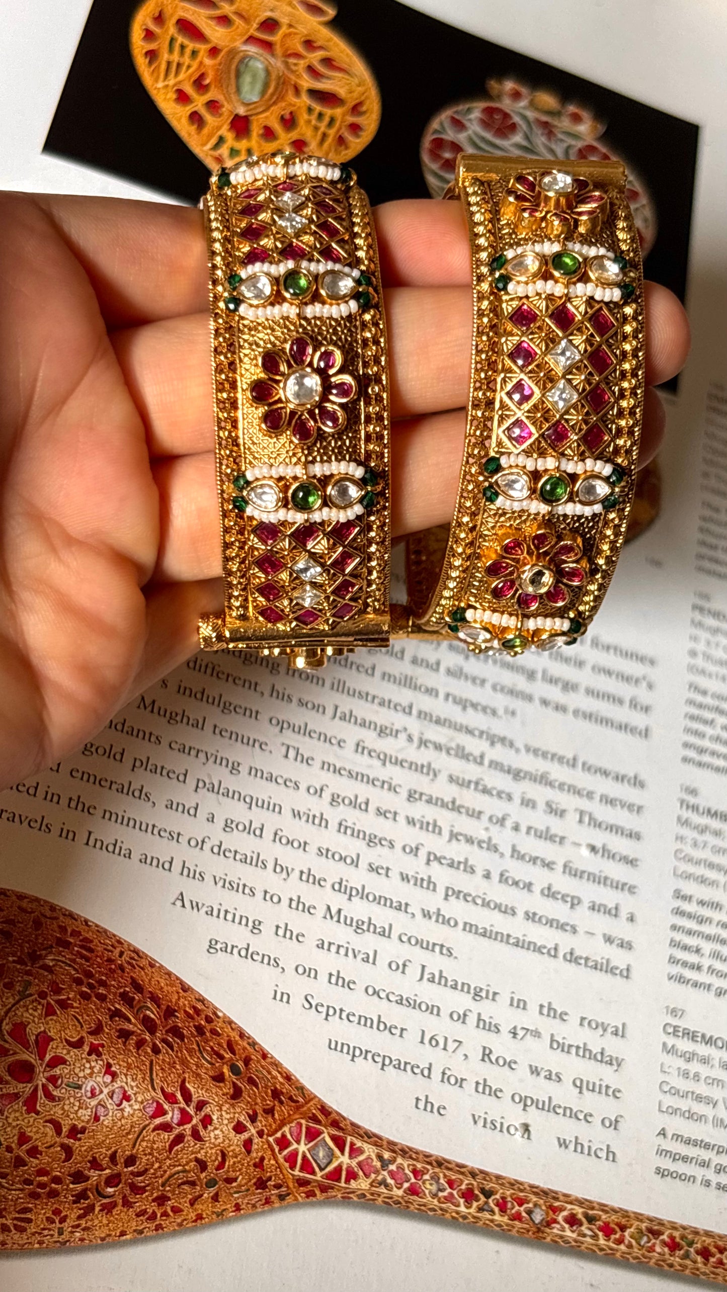 Rani pink & emerald gold polish Rajwada bangles