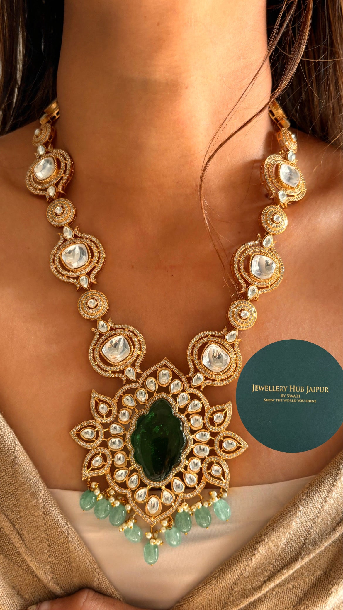 Emerald Moissanite mid length designer necklace set