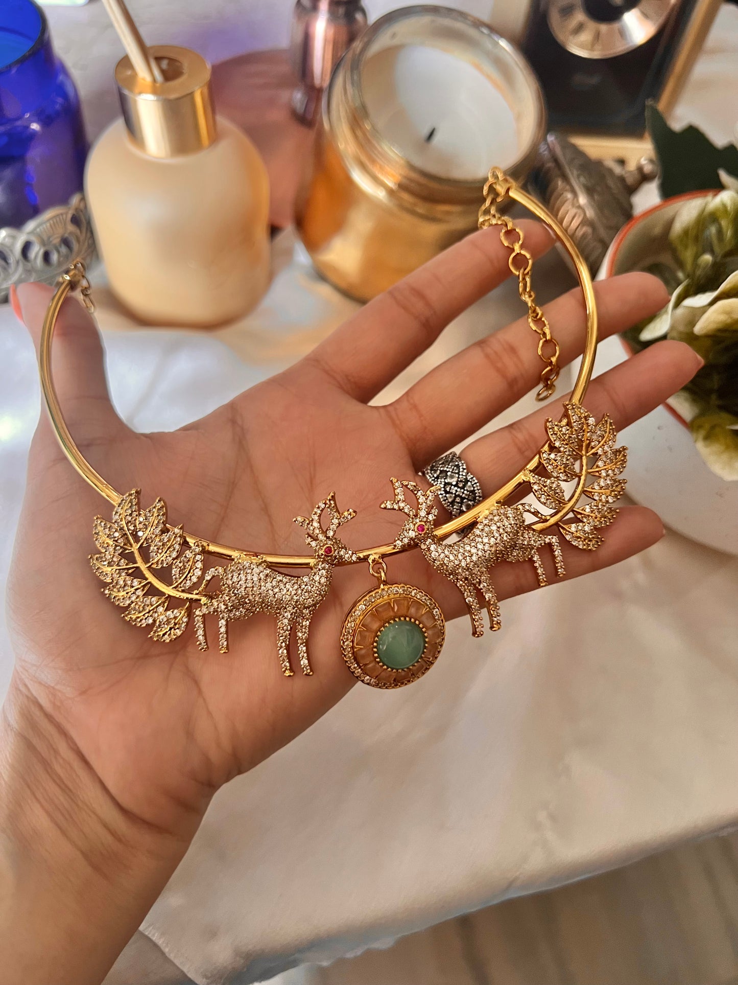 Harini Mint rose quartz Hiran Hasli with earrings