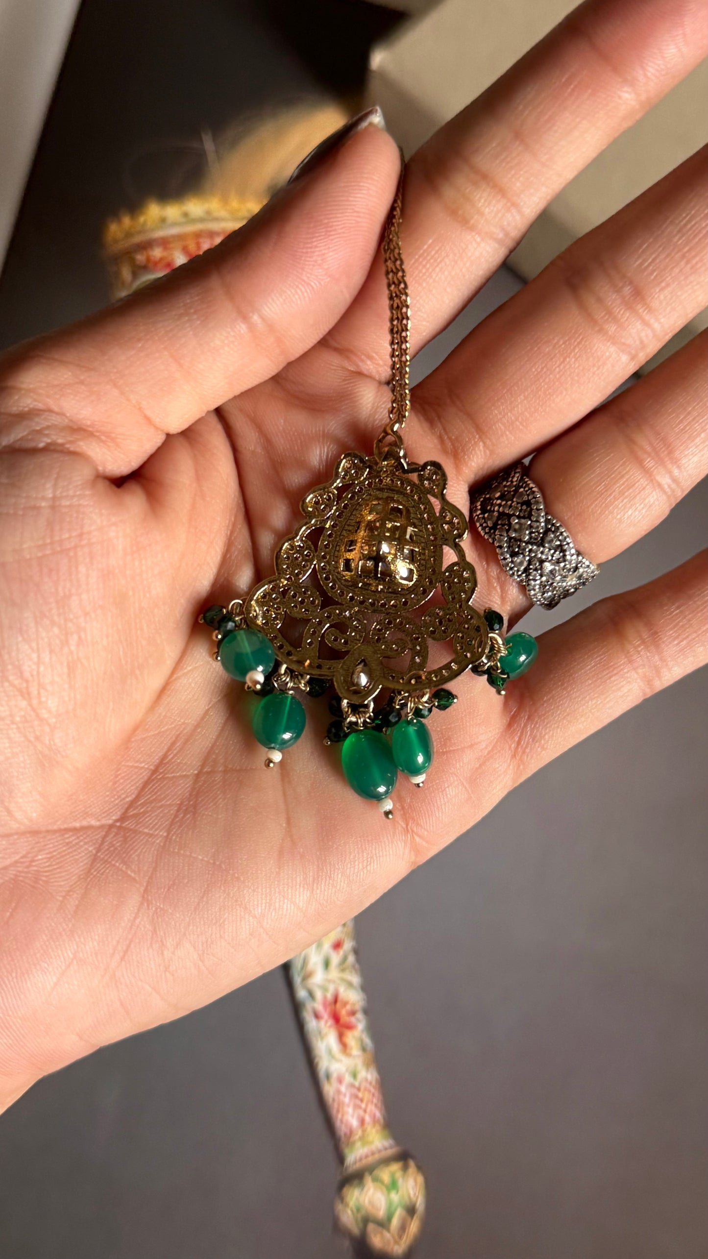 Moissanite polki emerald beads maangtika