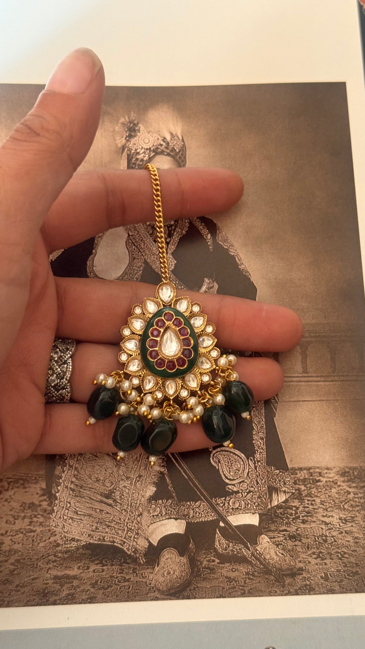 Emerald ruby polki meenakari mangtika