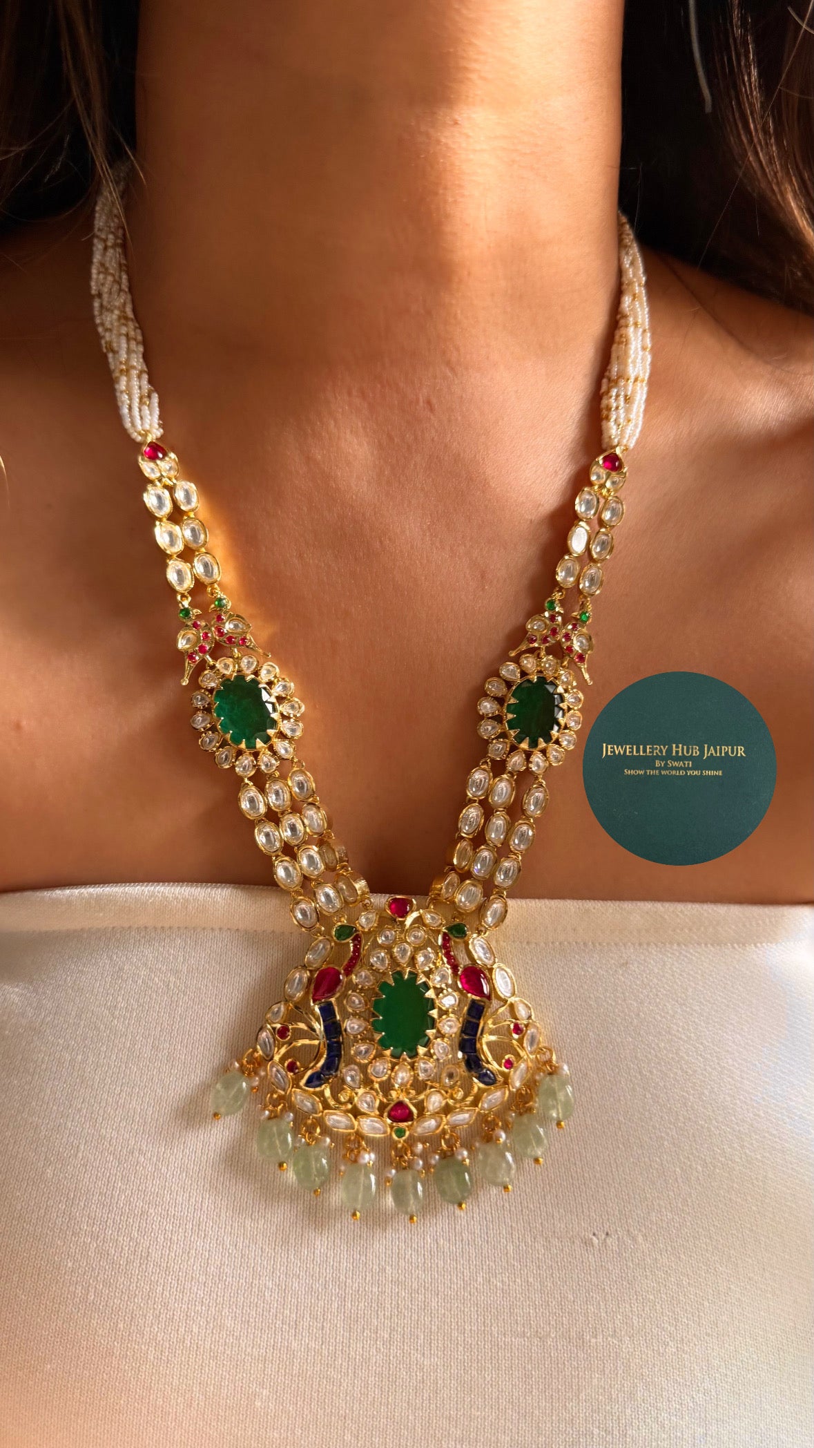 Real Moissanite Emerald doublet & rani pink real moissanite mid length set