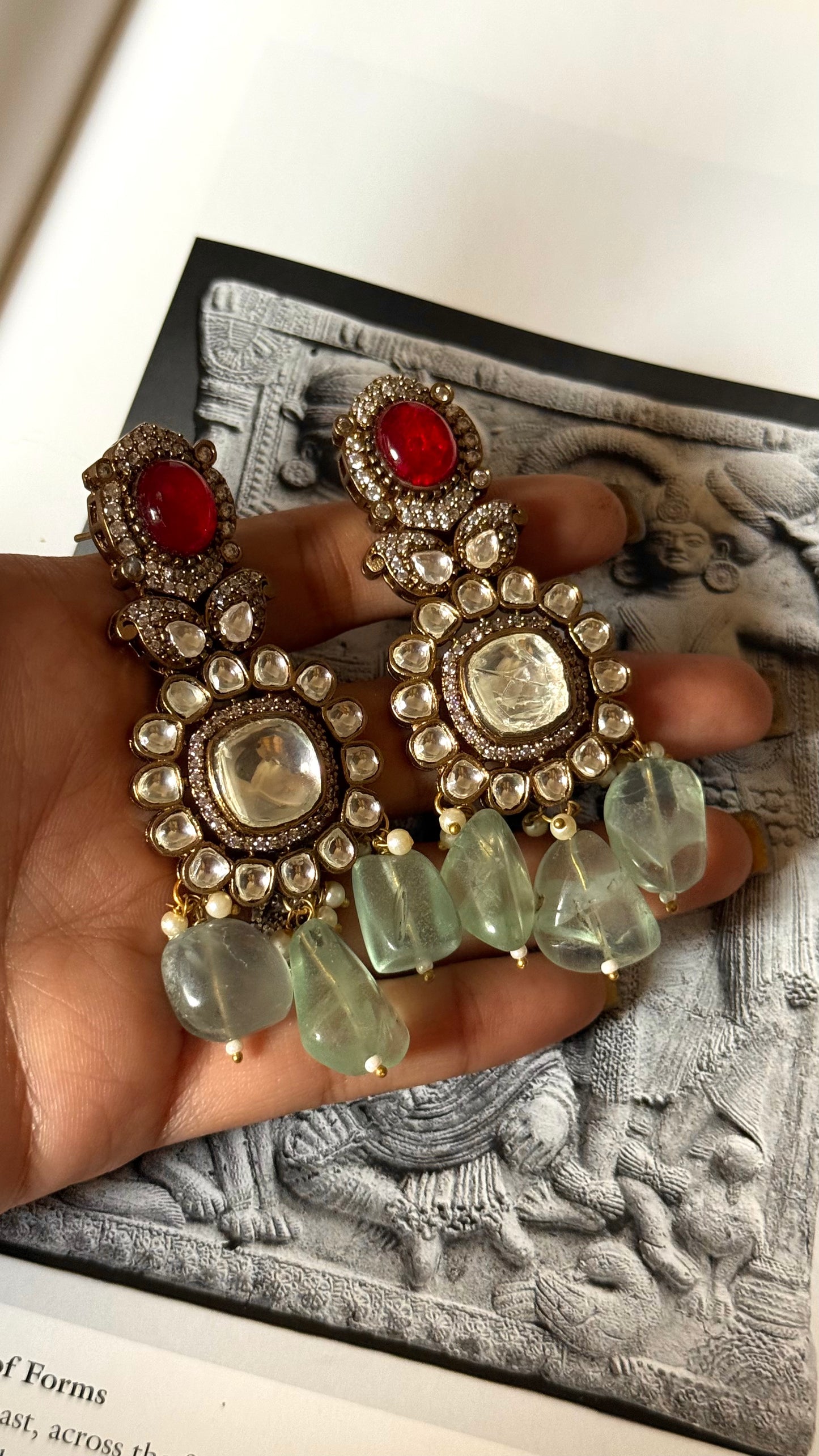 Ruby doublet & moissanite polki with mint beads earrings