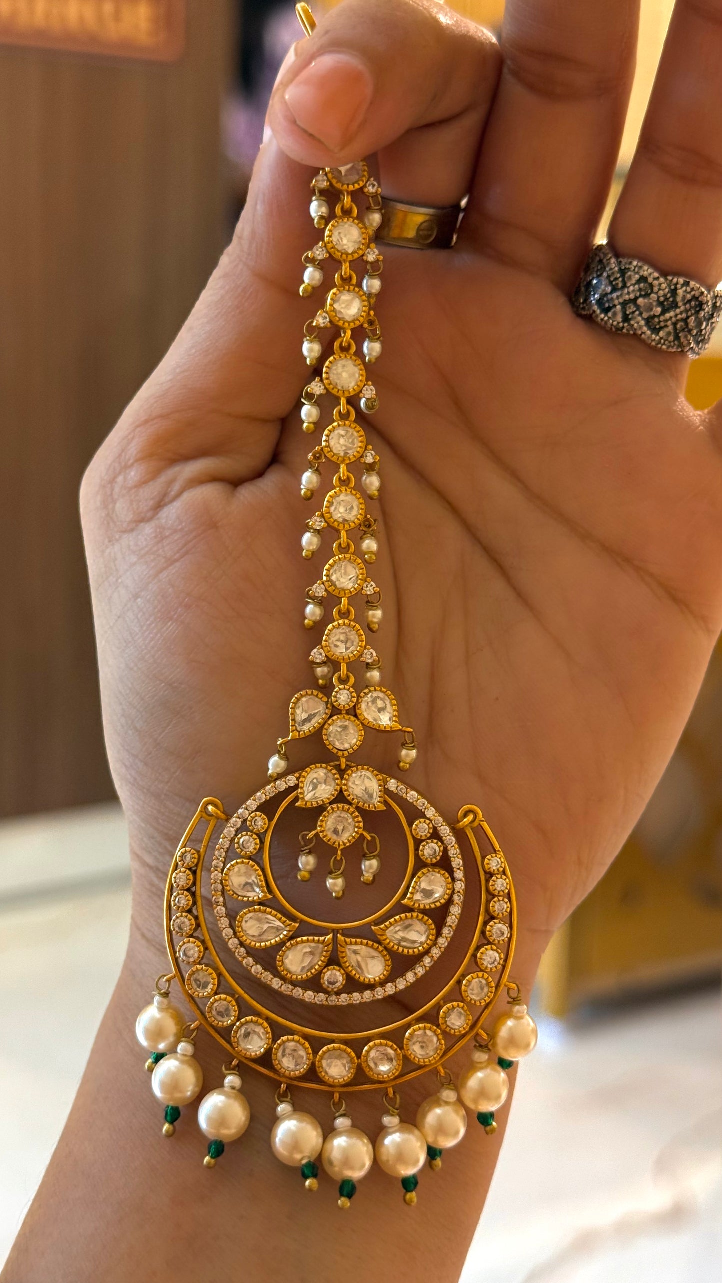 Polki chandbali maangtika with pearl detailing