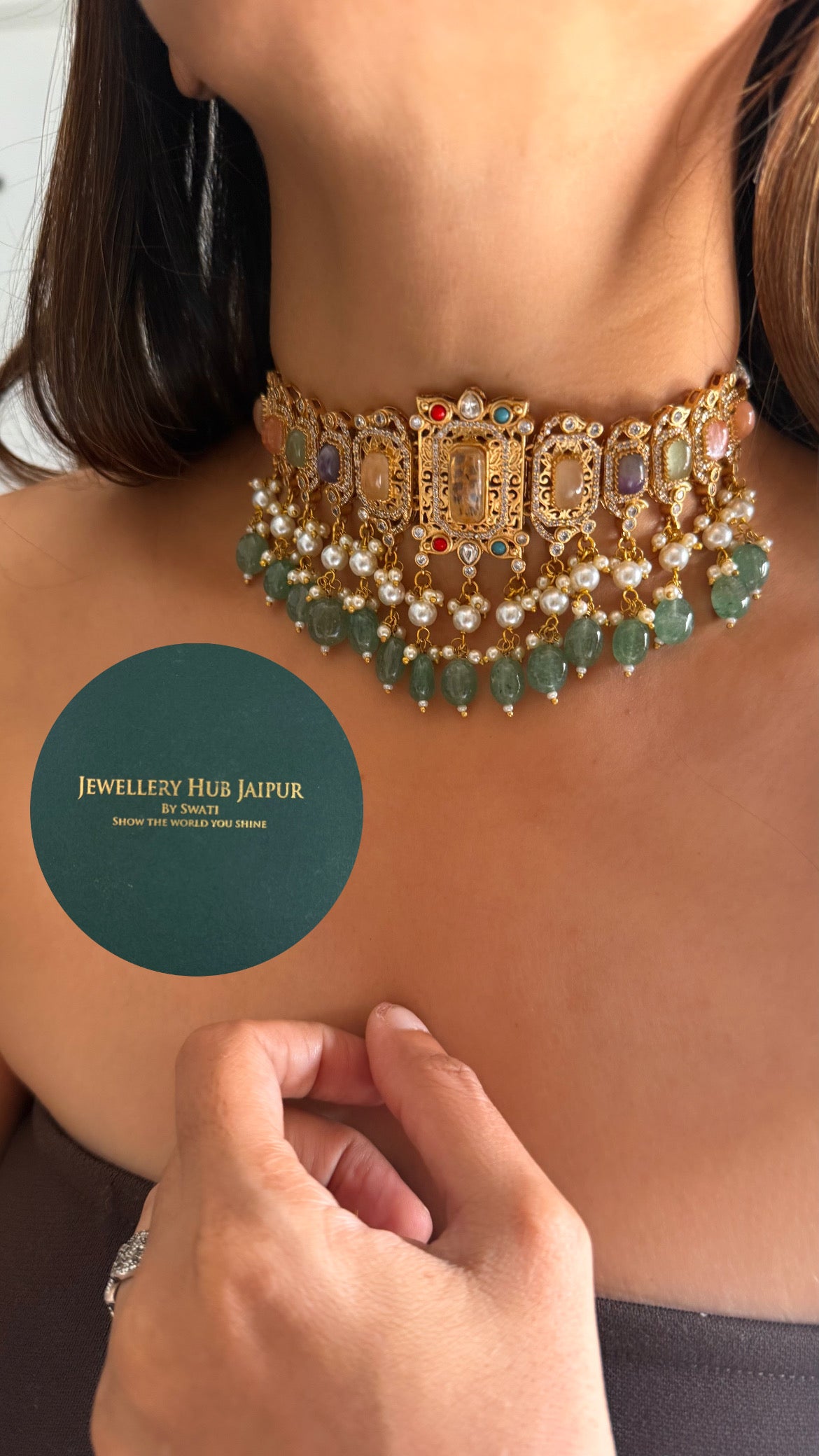 Navratna doublet with mint & pearl drops choker set