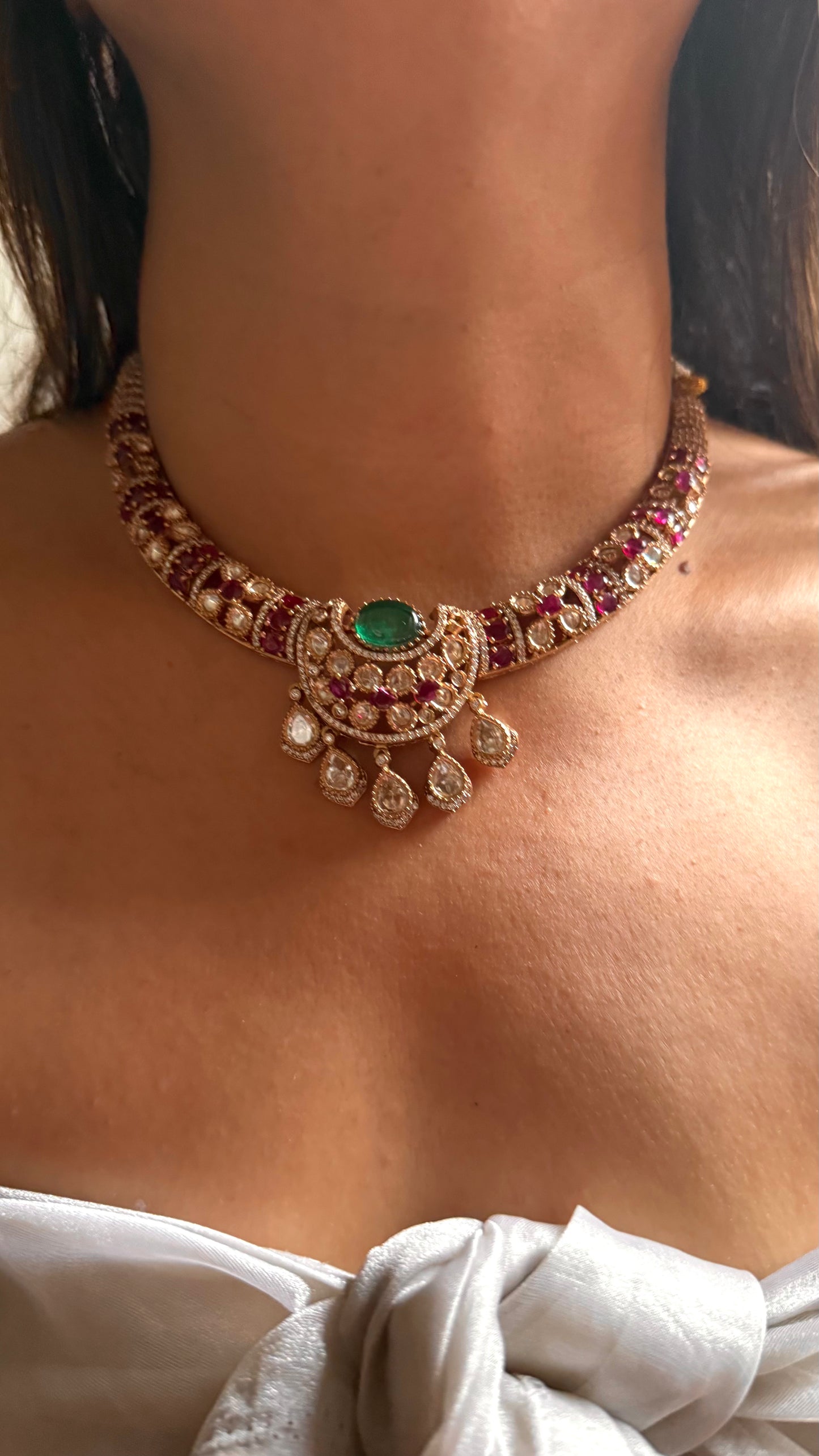 Emerald doublet & rani pink moissanite collar set