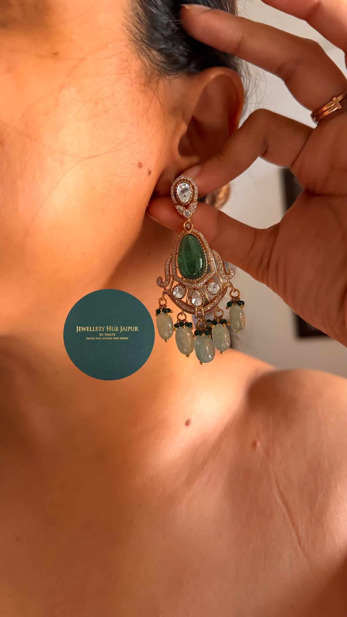 Emerald doublet & rani pink moissanite uncut polki with mint drop collar set