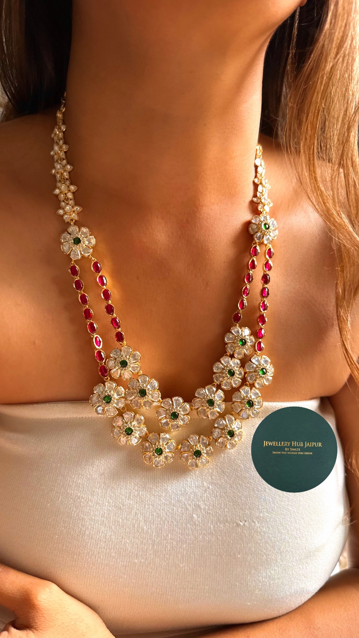 Emerald & rani pink dual layer real moissanite floral set