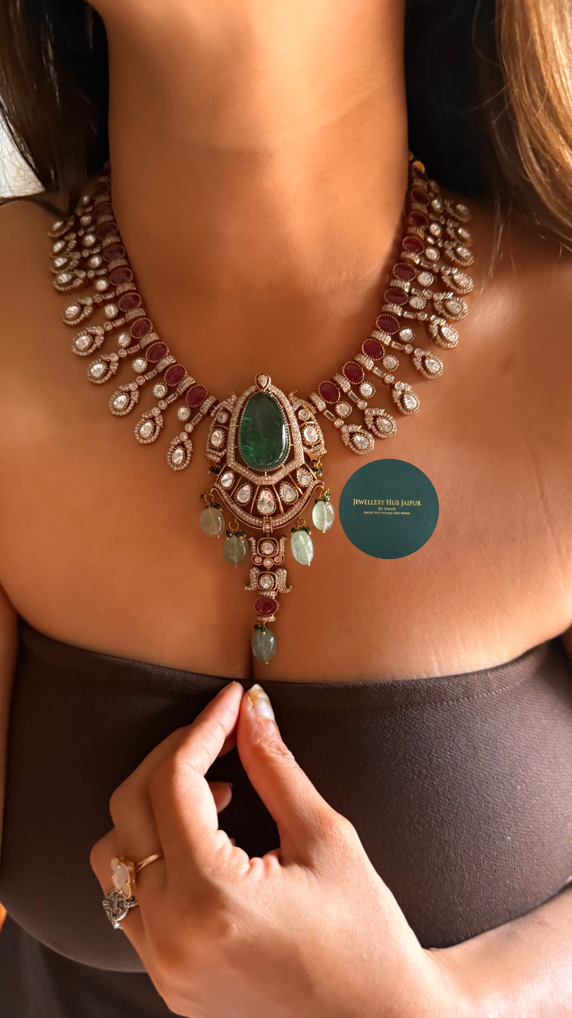 Emerald doublet & rani pink moissanite uncut polki with mint drop collar set