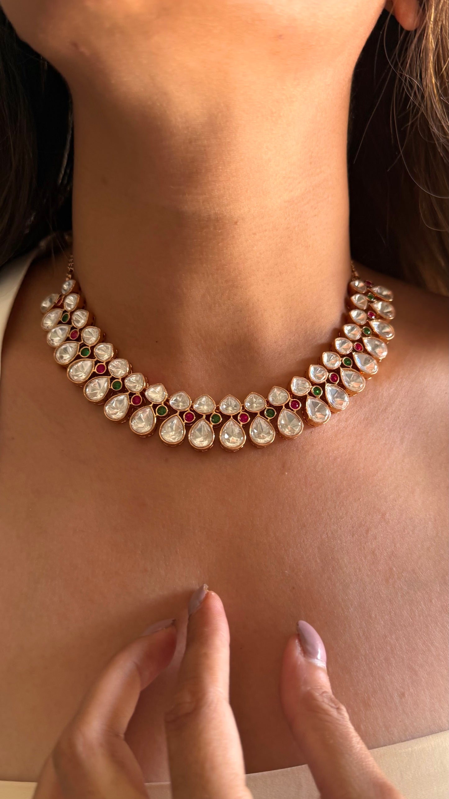 Ruh Moissanite heritage polki emerald ruby necklace with earrings
