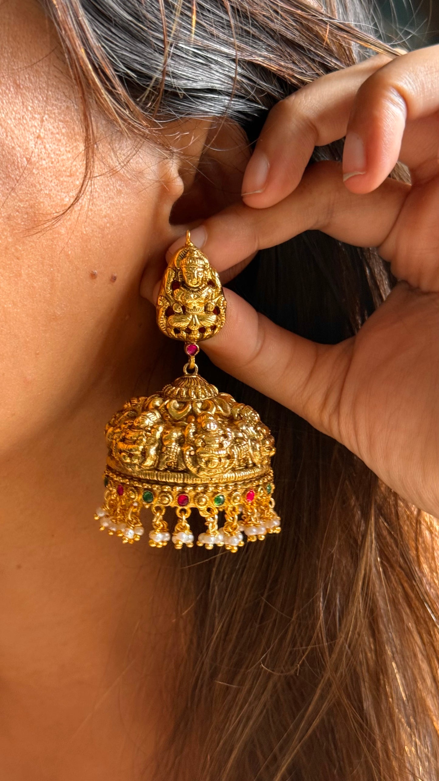Goddess laxmi rani pink & emerald temple jhumka