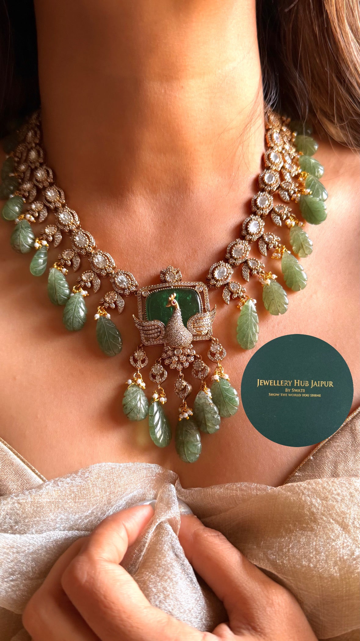 Emerald peacock with feather inlay moissanite collar necklace