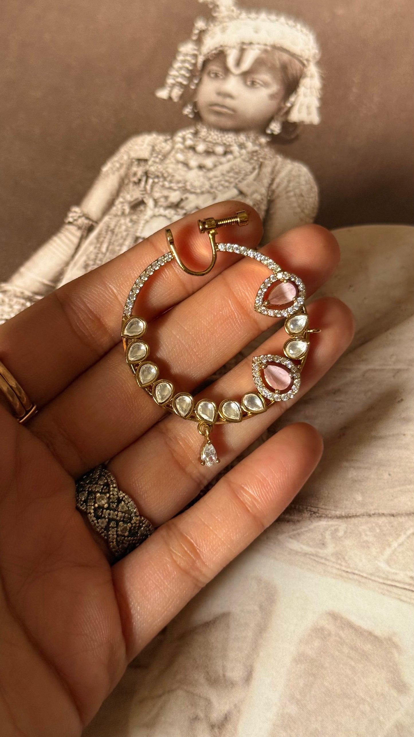 Rose quartz doublet & moissanite nath