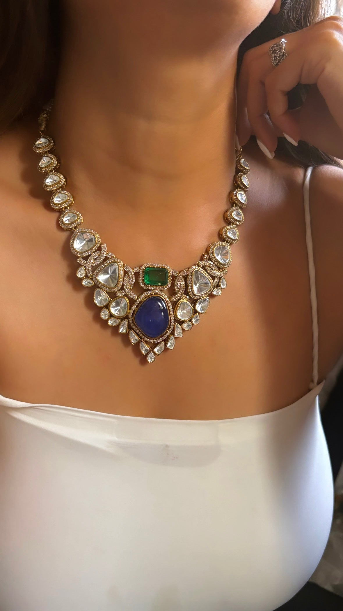 Moissanite Emerald & sapphire necklace