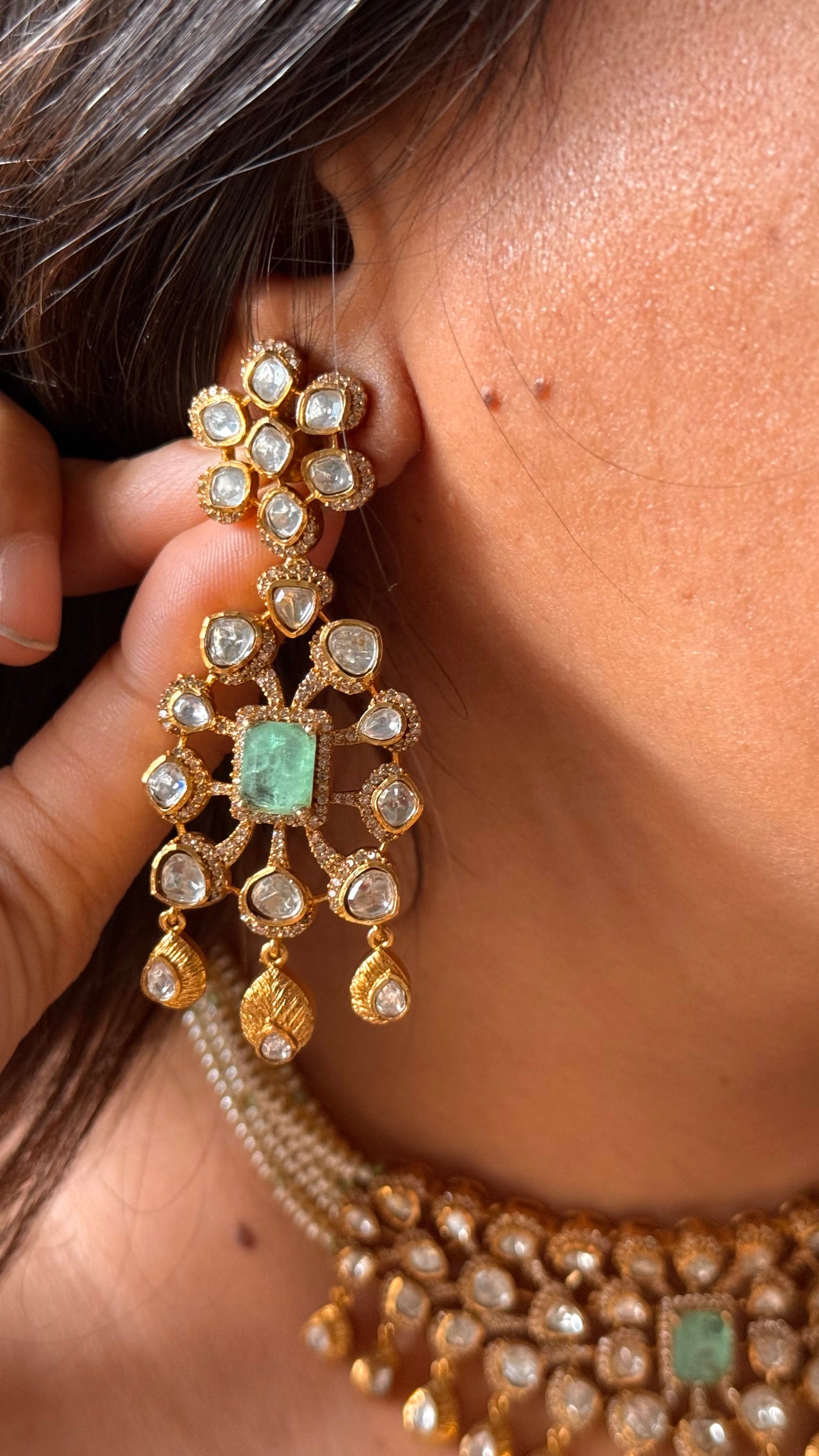 Mint doublet with moissanite polki gold polish Necklace