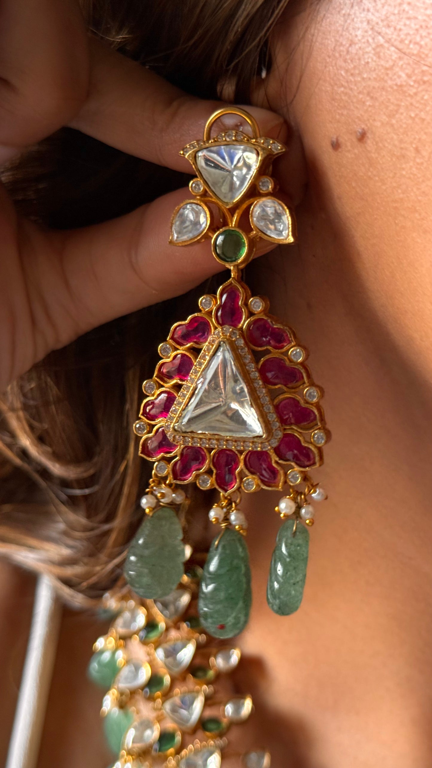 Emerald & ruby katdana moissanite polki with mint drops Necklace