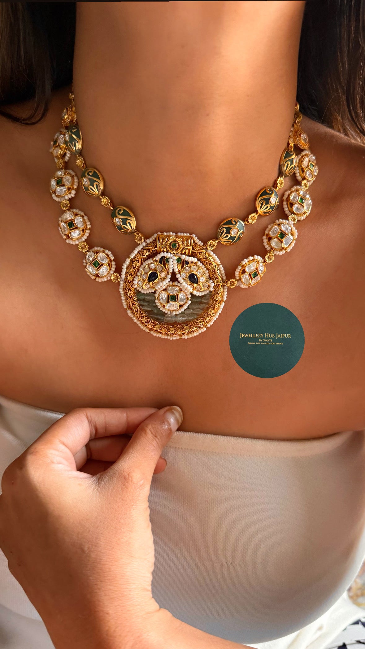 Heritage sapphire & mint inlay with uncut polki double layer collar set