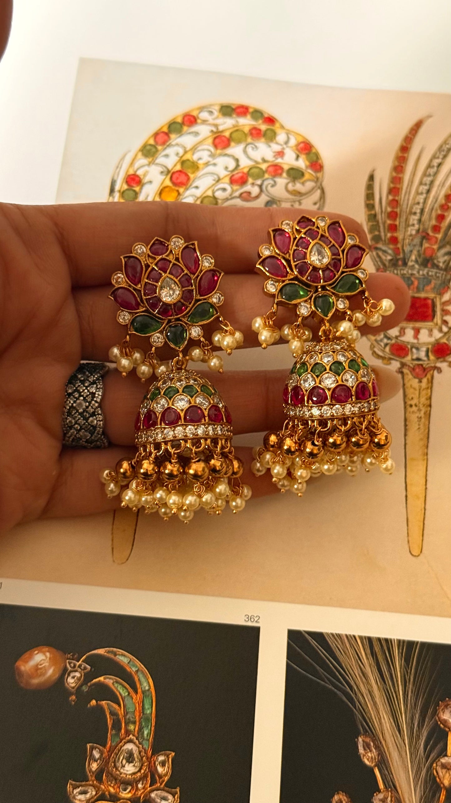 Rani pink lotus & emerald leaf design Jhumri