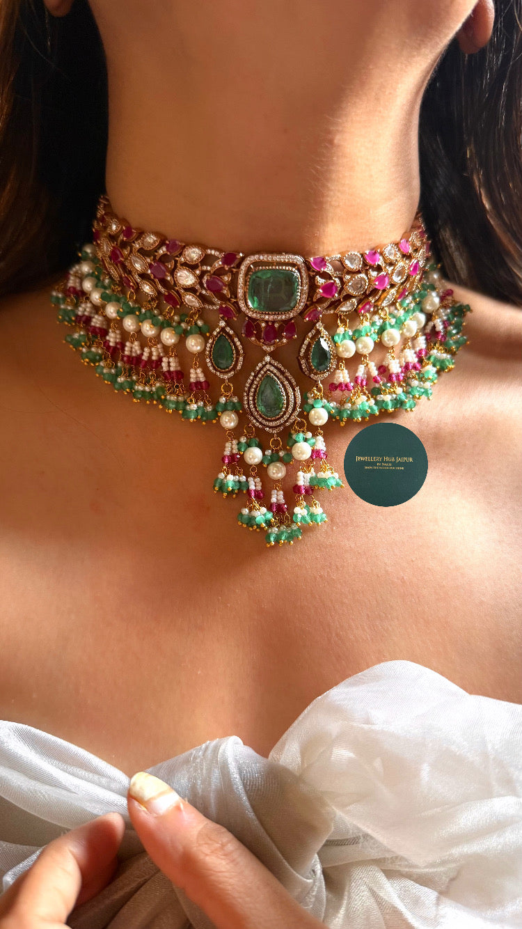 Mint doublet & rani pink Moissanite uncut polki choker set