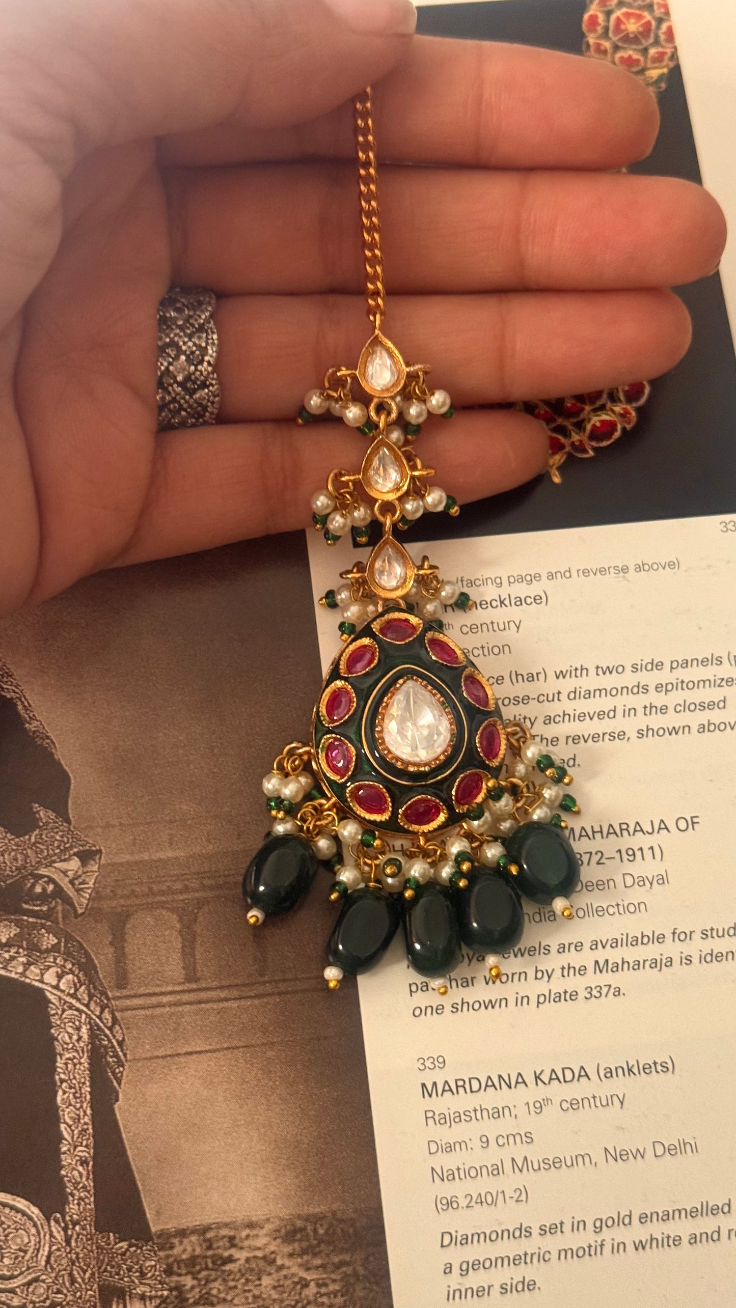 Ruby & emerald meenakari with emerald drop maangtika