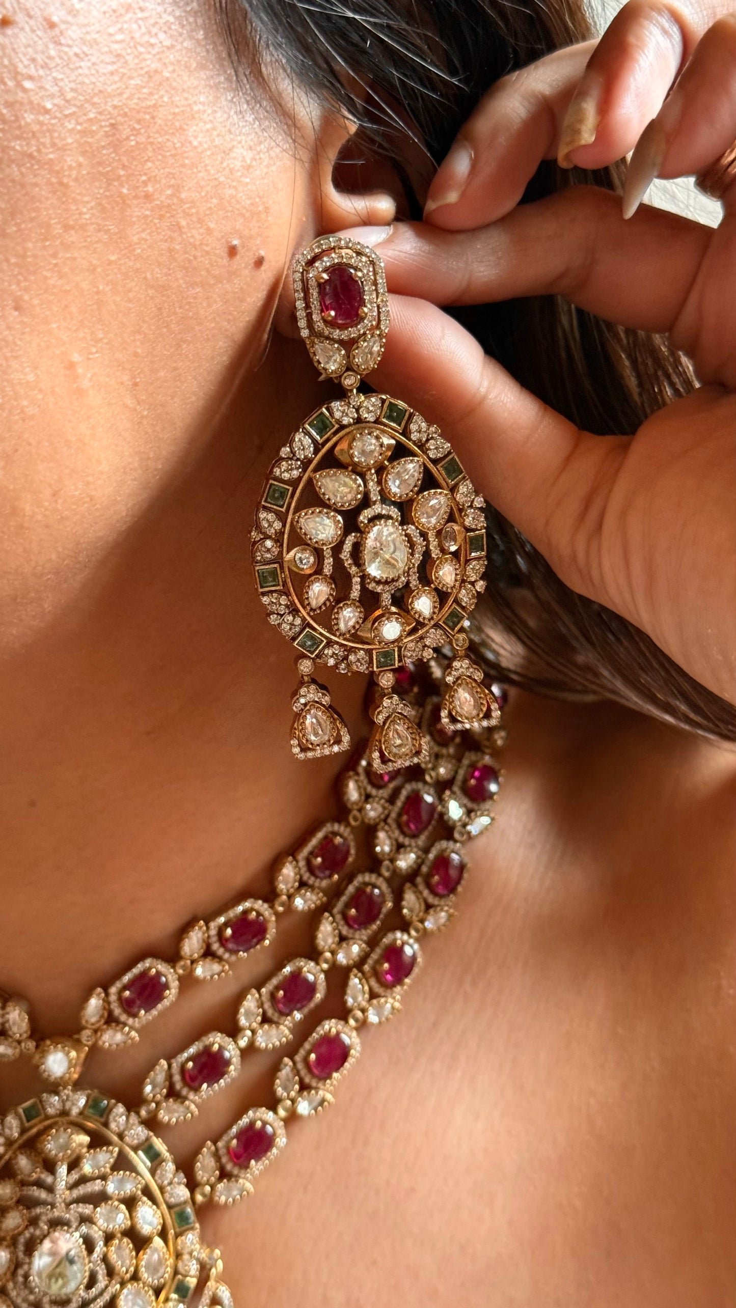 Rani pink doublet moissanite 3 layer with emerald collar set