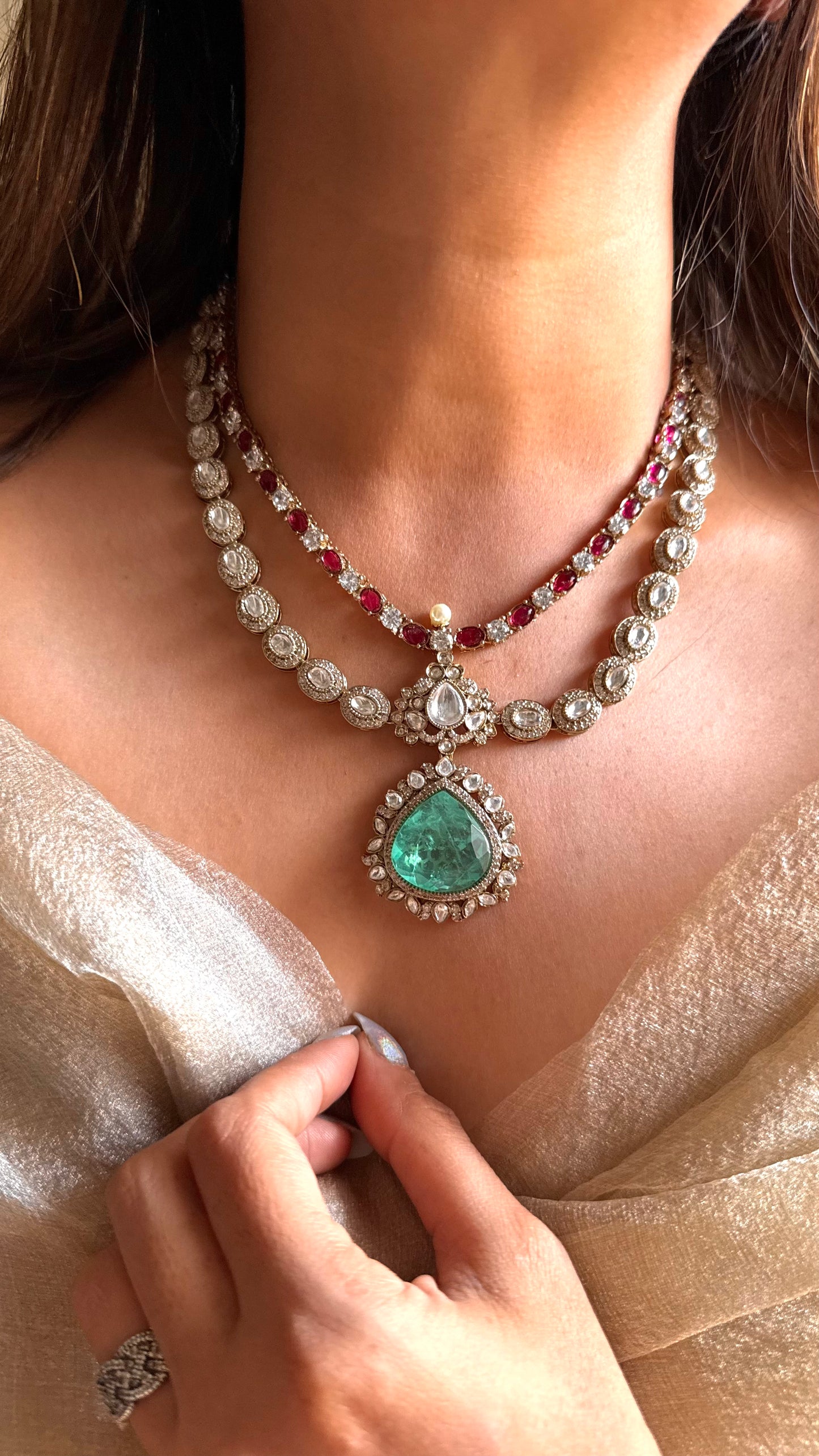 Mint doublet & ruby polki moissanite dual layer collar necklace