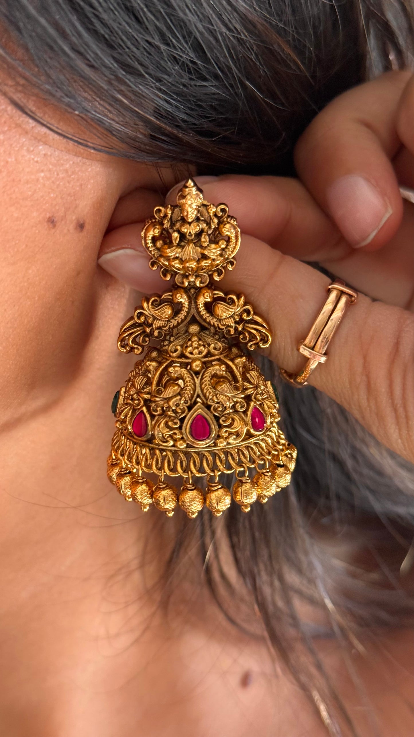 Goddess Laxmi Rani pink ruby temple Jhumka with gold drops