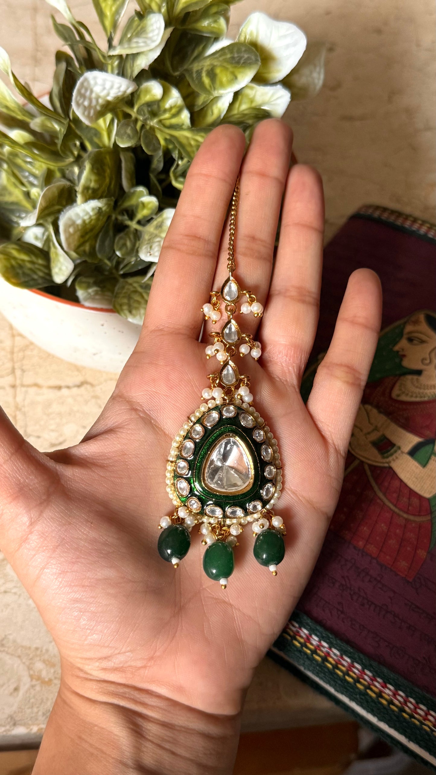 Emerald meenakari polki maangtika