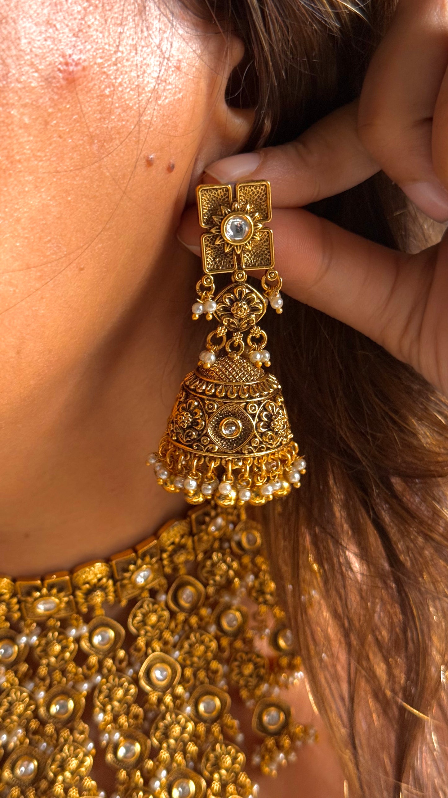 Nakshi oxidised waterfall polki necklace set