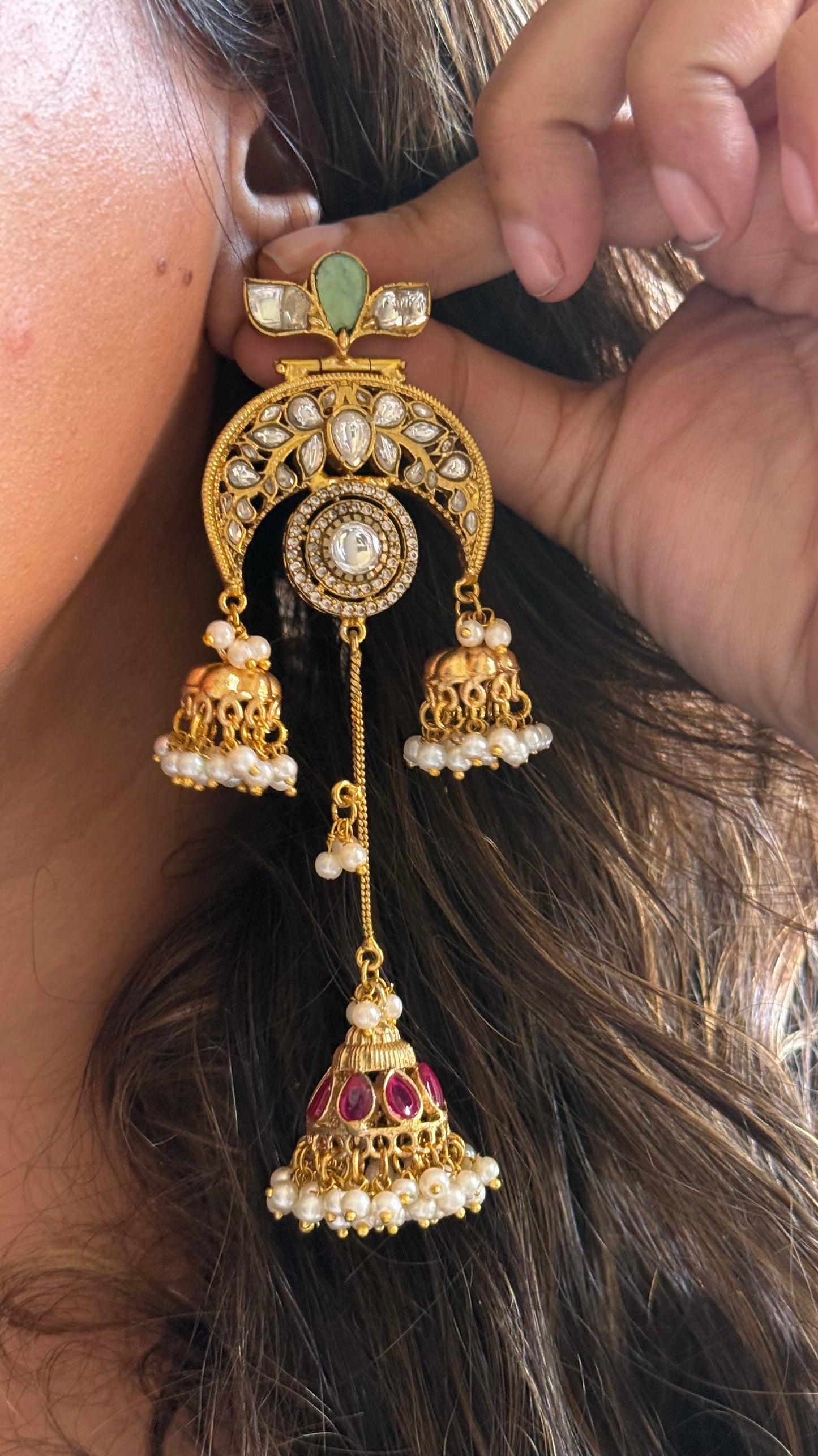 Amrapali inspired mint Rani pink triple Jhumki Danglers