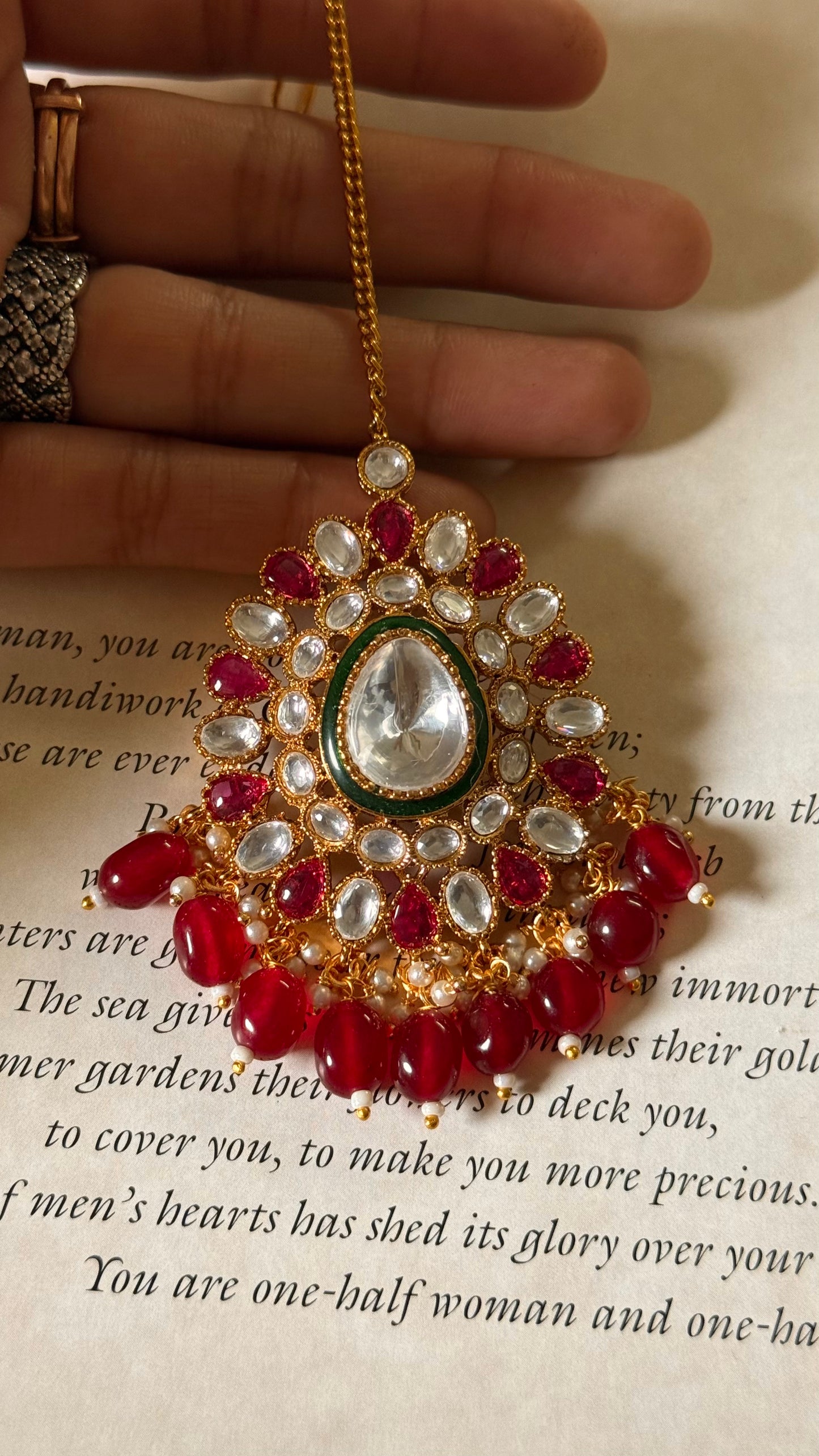 Ruby moissanite & emerald meenakari maangtika